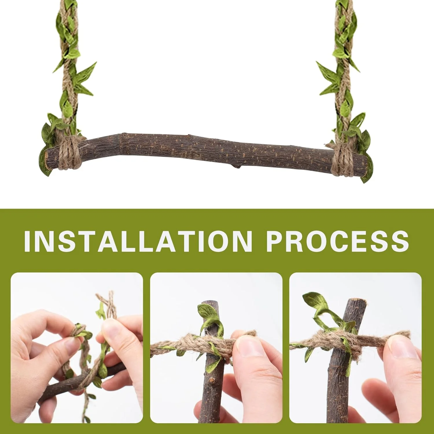 Wood Birds Cage Swing, 2Pcs Parrot Rope Swing Hanging Toy with Metal Hooks Training Stand Holder for Budgie Conure Finches Parakeets Cockatiel