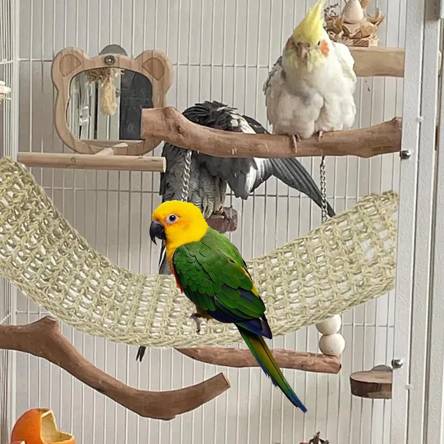 Bird Hammock,Parrot Natural Grass Woven Net Hammock | Chewing Cage Accessories for Cockatiel Conure Lovebird Hamster Bearded Dragon Small Animals Exercise Patio Balcony