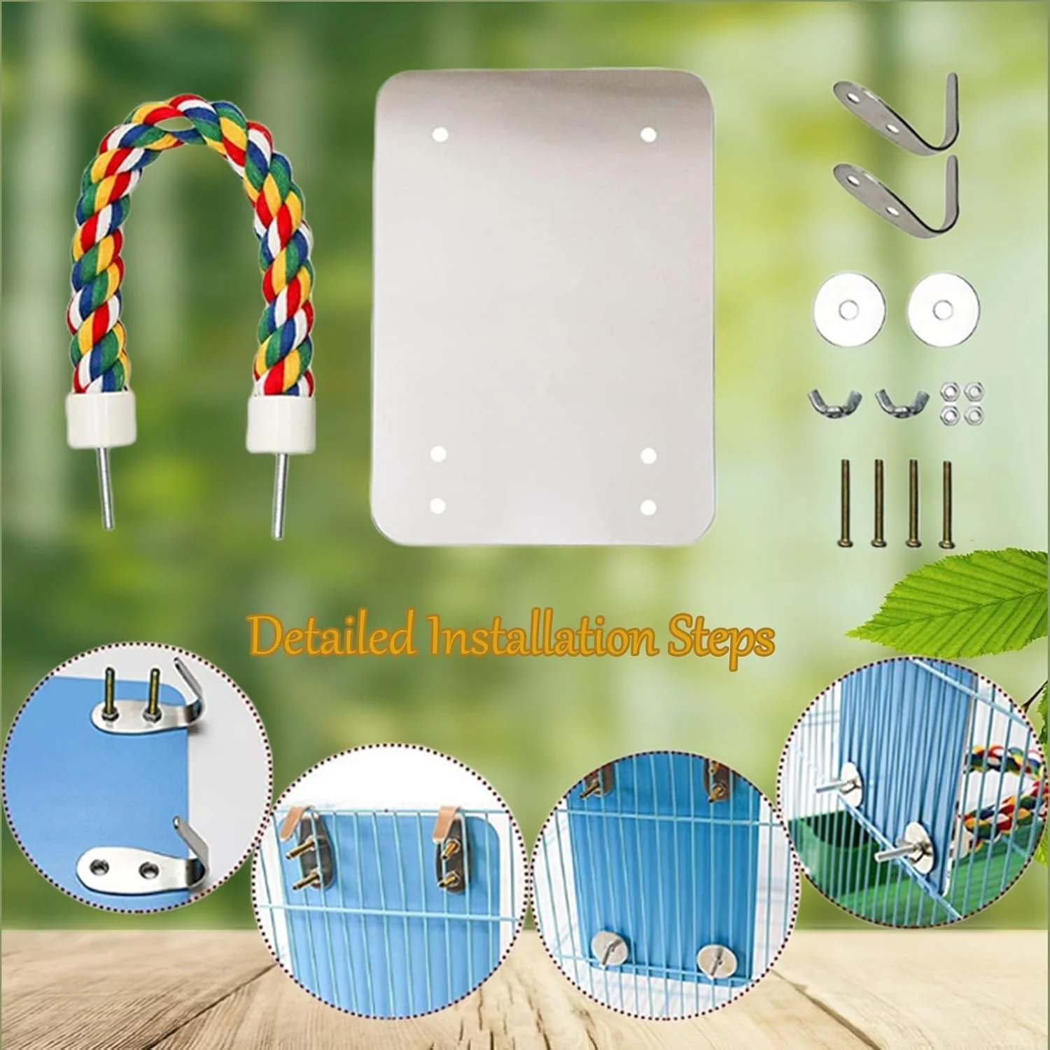 آینه پرنده هامیلدی 7 اینچی با میله طنابی، اسباب بازی آینه قفسی طوطی برای خاکستری ها، کاکادو، عروس هلندی، کانور، مرغ عشق، قناری