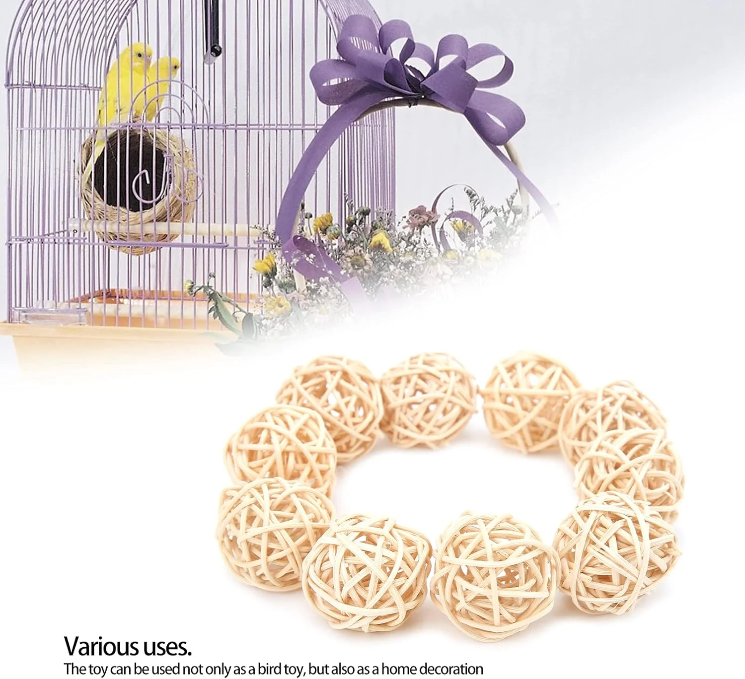 توپ های حصیری، 10 عدد توپ حصیری اسباب بازی طوطی، اسباب بازی های جویدنی طبیعی طوطی برزیلی 3 سانتی متری تزئینی