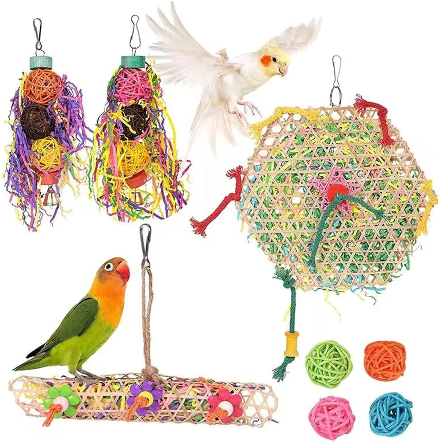 مجموعه 8 عددی اسباب بازی پرندگان GXLONG، اسباب بازی های آویز طوطی، اسباب بازی های خرد کننده و جستجوگر غذا، اسباب بازی های جویدنی پرندگان مناسب برای طوطی های کوچک و متوسط، ​​آرا، عروس هلندی، ​​کاکاتیل، مرغ عشق و باجریگار