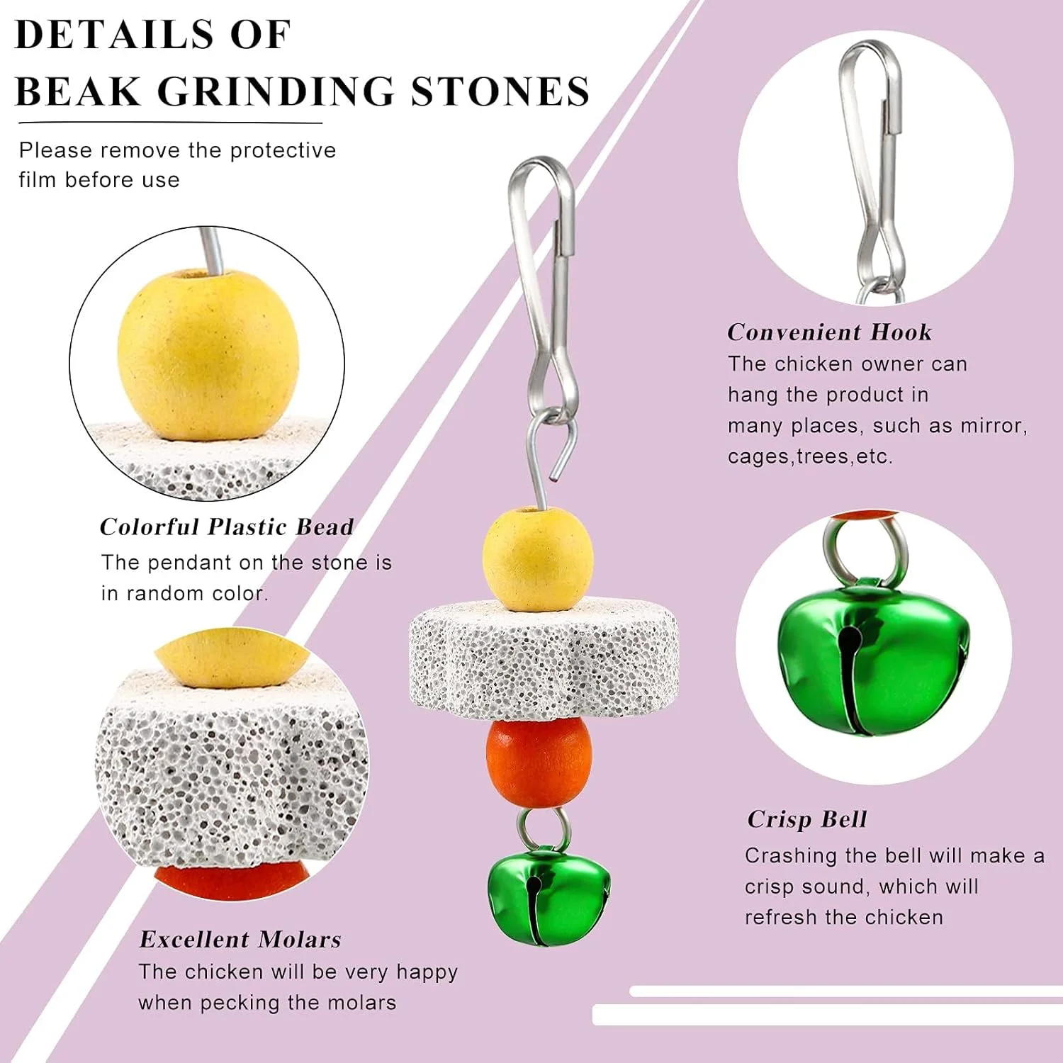 2 عدد آینه آویز مرغ، اسباب بازی جویدنی پرنده با زنگ و تاب چوبی نوک زدن، 4 سنگ آسیاب کننده منقار برای مرغ ها، پرندگان، طوطی ها، مجموعه اسباب بازی پرنده حیوان خانگی غنی سازی طبیعی