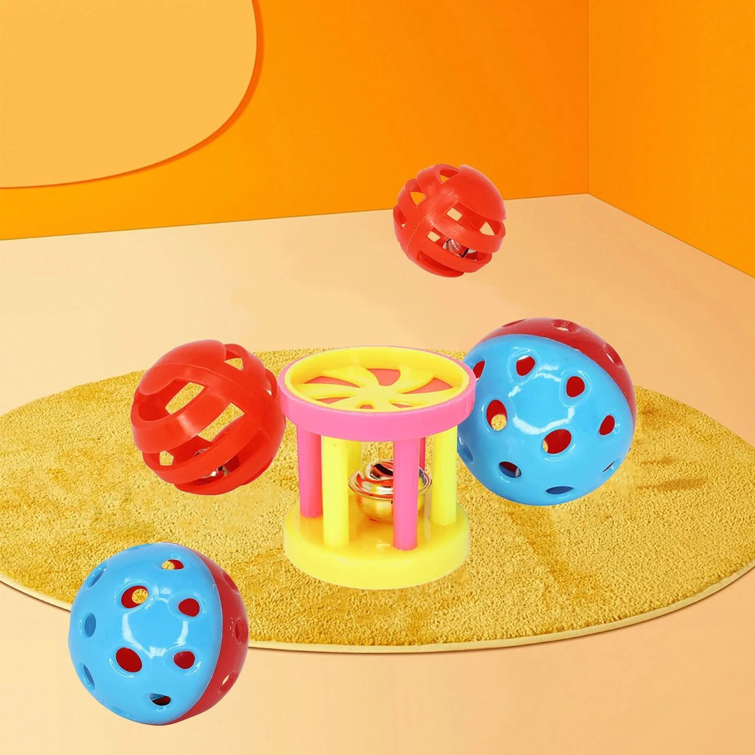 HAICN توپ تغذیه پرندگان 3 عددی، اسباب بازی پرنده، توپ زنگوله ای رنگارنگ، توپ پلاستیکی چرخشی تعاملی برای طوطی، کانور، عروس هلندی، مرغ عشق و طوطی کوتوله