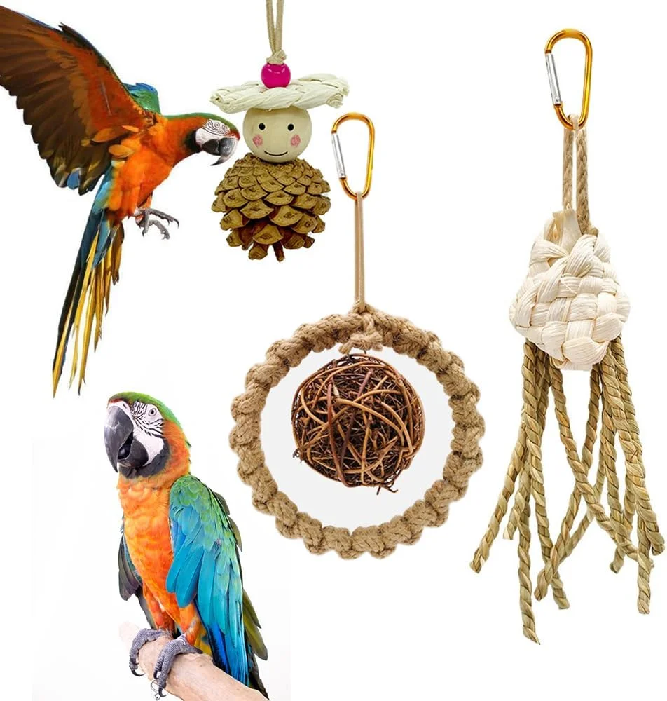 اسباب بازی پرندگان GOCHAI، 3 عدد اسباب بازی خرد کردنی و جستجوی غذا برای طوطی ها، اسباب بازی جویدنی آویزان برای طوطی برزیلی، لوازم جانبی قفس پرنده با مخروط کاج خرد شده برای طوطی کوتوله، عروس هلندی، مرغ عشق و طوطیچه