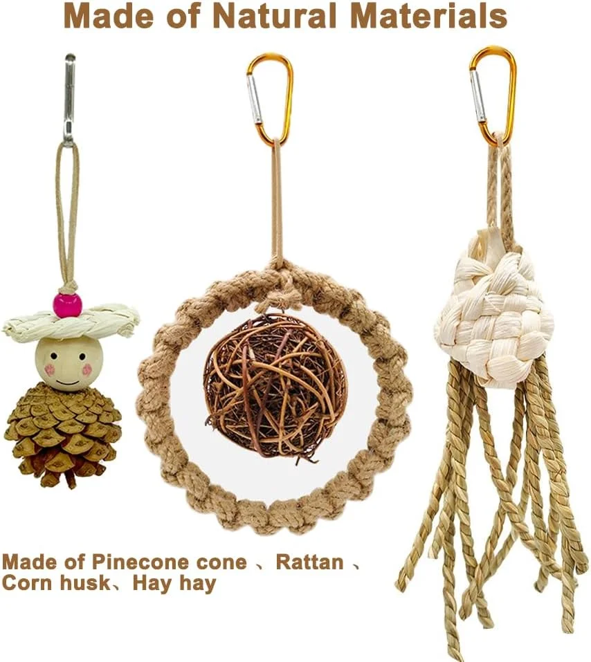 اسباب بازی پرندگان GOCHAI، 3 عدد اسباب بازی خرد کردنی و جستجوی غذا برای طوطی ها، اسباب بازی جویدنی آویزان برای طوطی برزیلی، لوازم جانبی قفس پرنده با مخروط کاج خرد شده برای طوطی کوتوله، عروس هلندی، مرغ عشق و طوطیچه