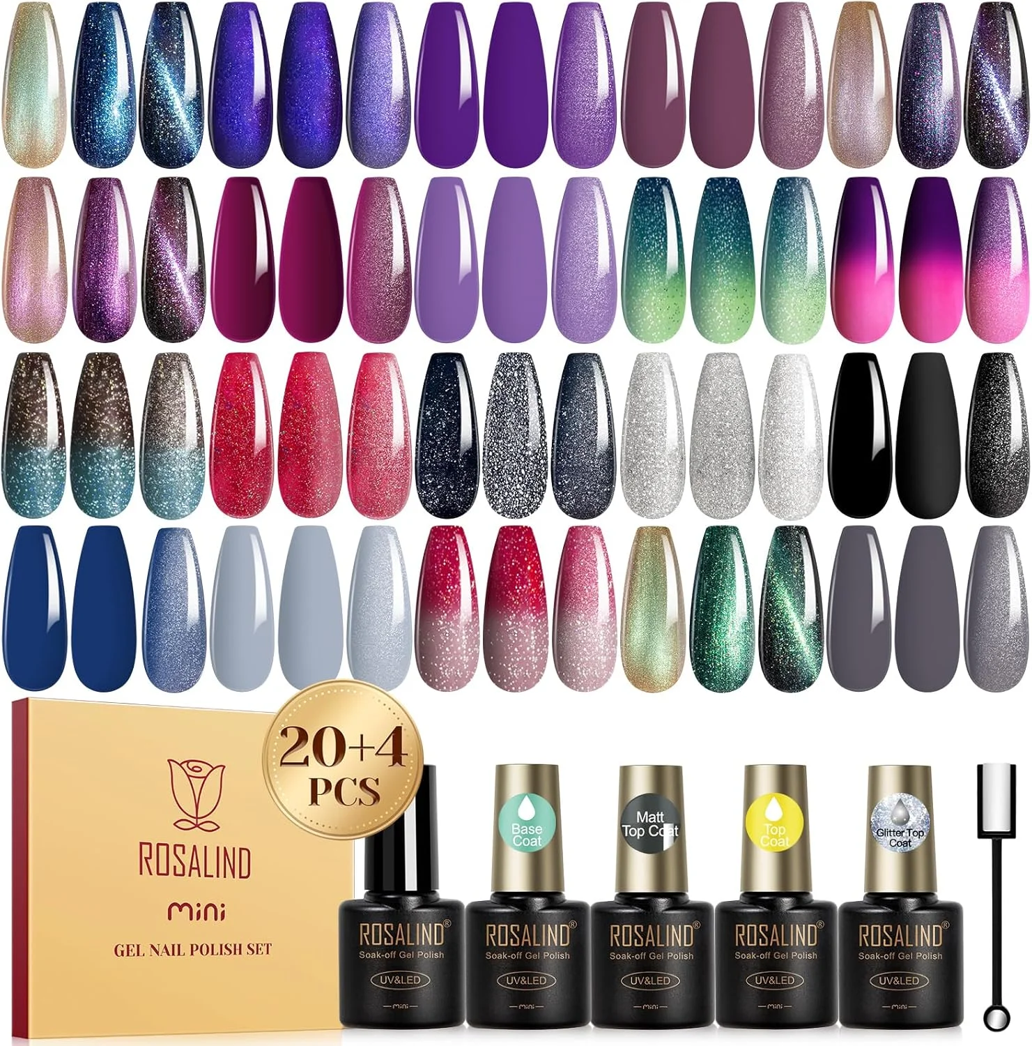 ست لاک ژل چشم گربه ای 24 عددی ROSALIND با لاک تاپ براق و مات، بیس کت، لاک ژل حرارتی و تغییر رنگ دهنده، لاک ژل براق و درخشان، لاک ژل ناخن