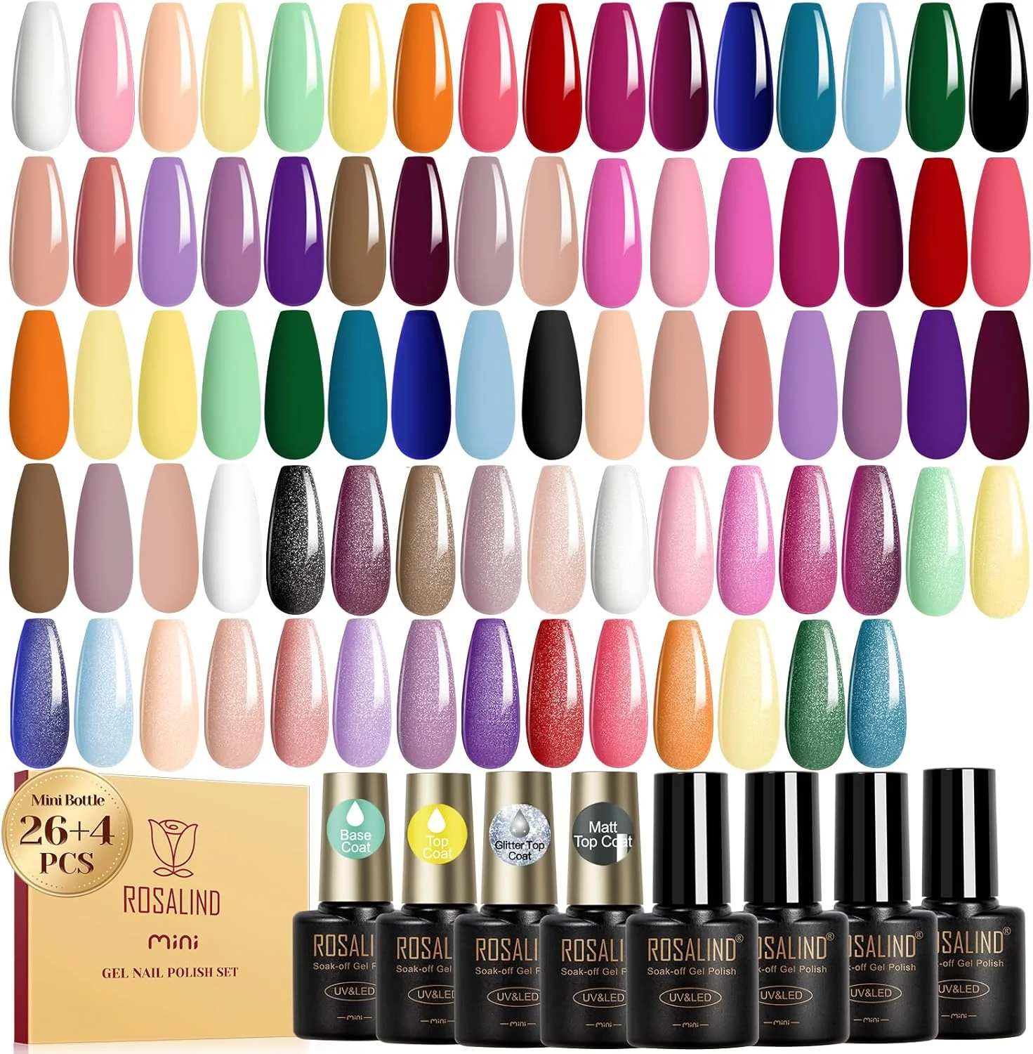 ست لاک ژل 30 عددی ROSALIND، شامل 26 رنگ لاک ژل با 3 عدد تاپ کت براق، مات و اکلیلی و بیس کت، مناسب تمام فصول، رنگ های برهنه، آبی، قرمز، کیت طراحی ناخن، مناسب استفاده در سالن و منزل
