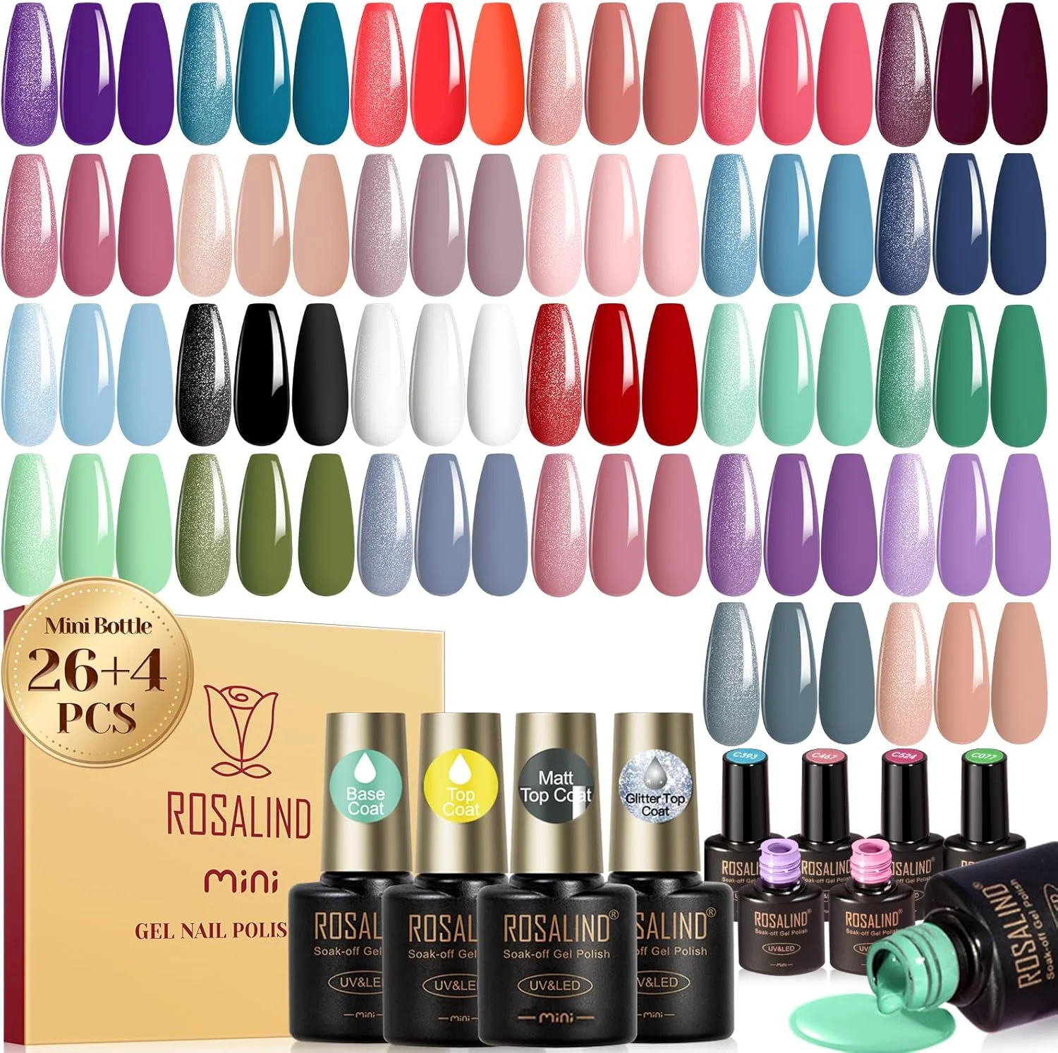 ست لاک ژل 30 عددی ROSALIND، کیت لاک ژل 26 رنگ کلاسیک با بیس کت براق و مات و ست لاک ناخن ژلی اکلیلی، مجموعه تمام فصل ها، هدیه برای خانم ها