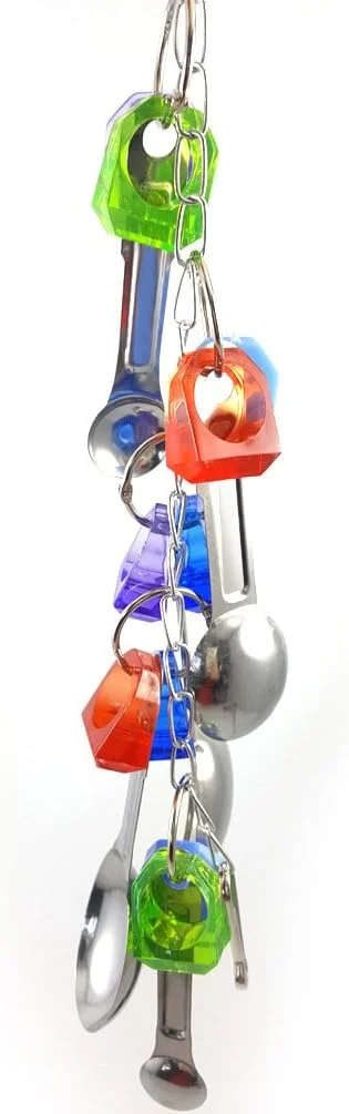 اسباب بازی جویدنی طوطی، اسباب بازی پرنده، اسباب بازی رشته ای قاشق فلزی، استیل ضد زنگ ایمن با گرید غذایی، بادوام، بازی تعاملی محرک، بازتابنده، قرارگیری متنوع، مقاوم در برابر زنگ زدگی، تمیز کردن آسان، بهداشتی