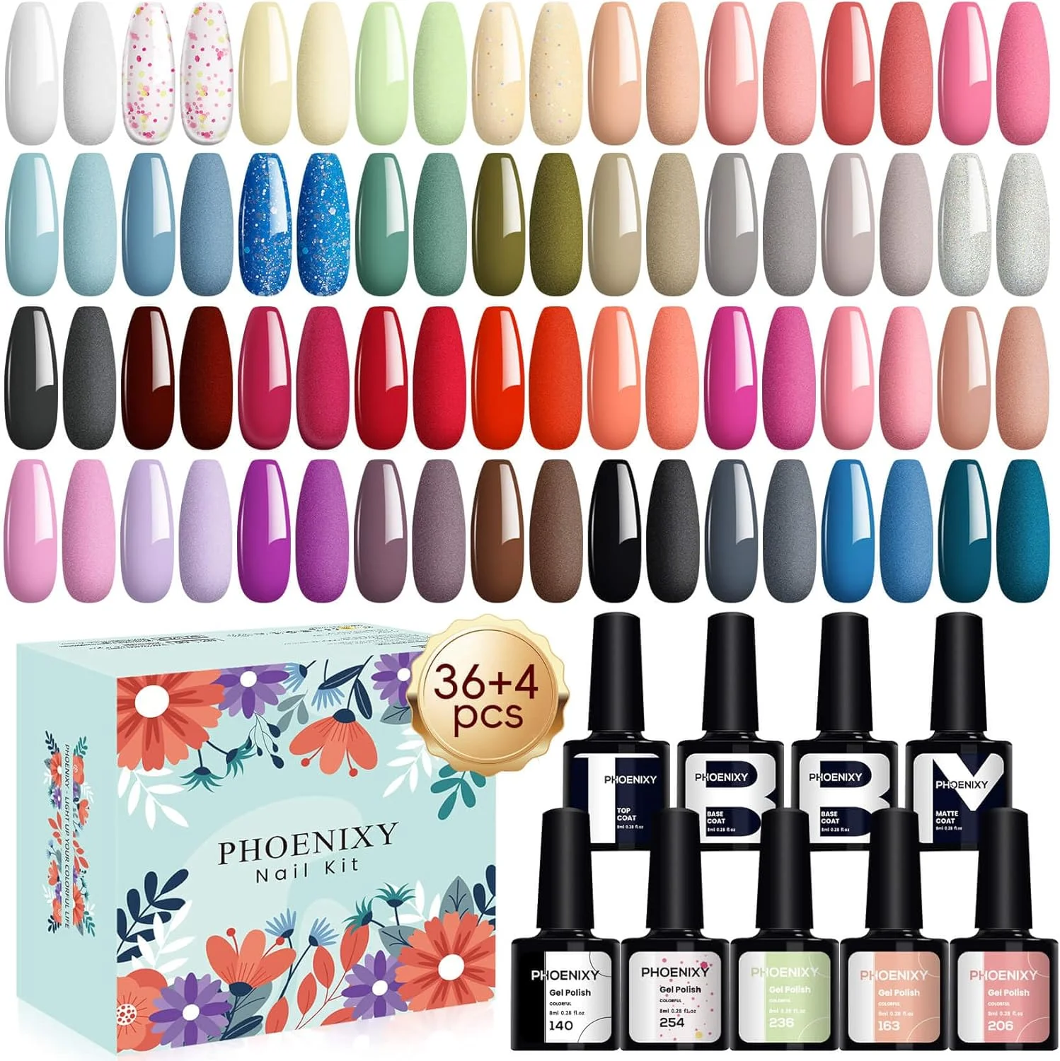 ست لاک ژل یو وی فونیکسی، 36 رنگ لاک ژل به همراه 4 قلم لاک، ست شروع لاک ژل شلاک، لاک ژل رنگی برای ناخن با لاک پایه، لاک رویه و لاک رویه مات، هدیه برای خانم ها
