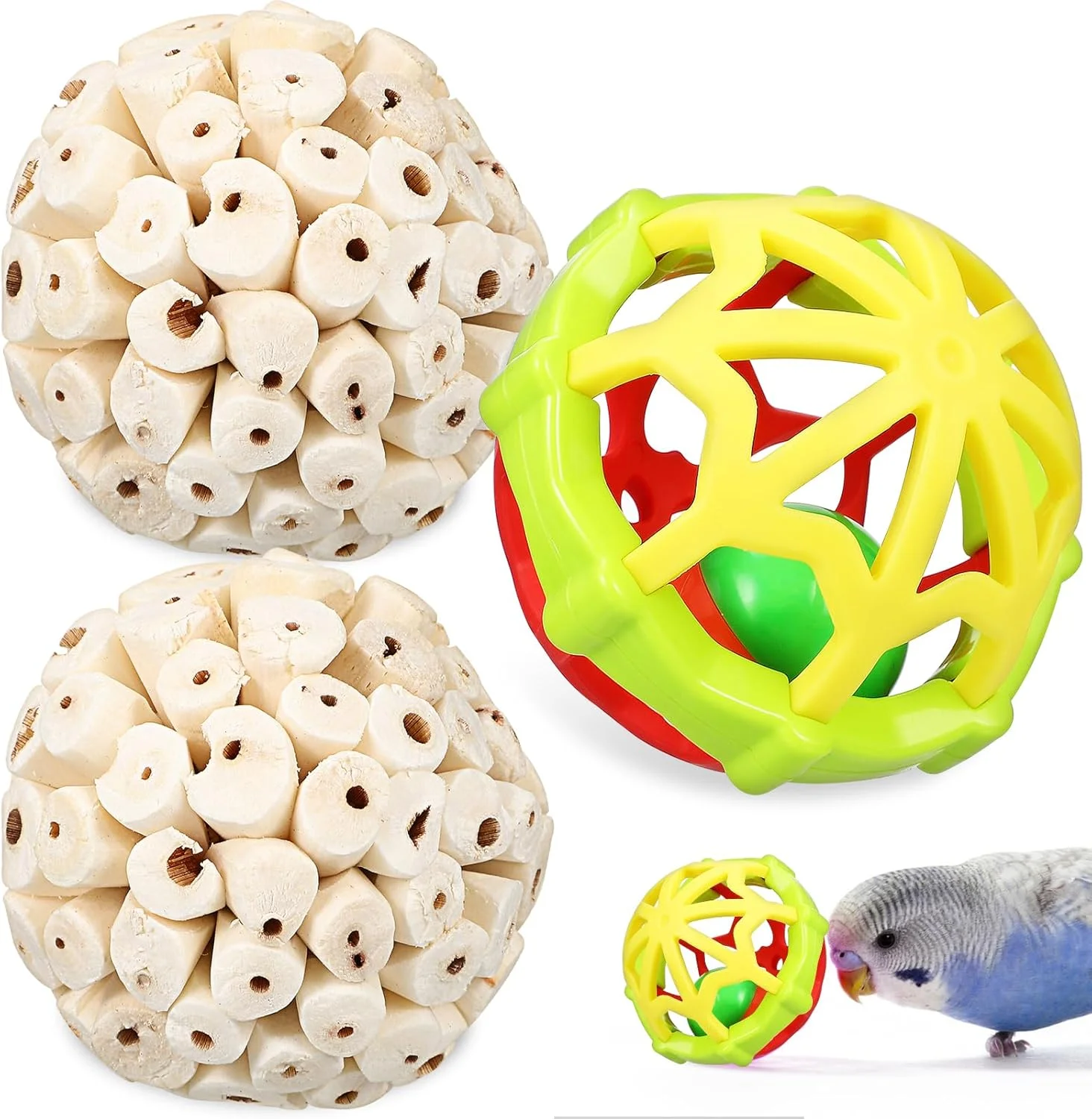 فومی یس 3 عدد اسباب بازی جویدنی سولا برای پرندگان - توپ های کوچک لاستیکی برای ساییدن نوک برای طوطی ها، مرغ عشق ها و عروس هلندی ها