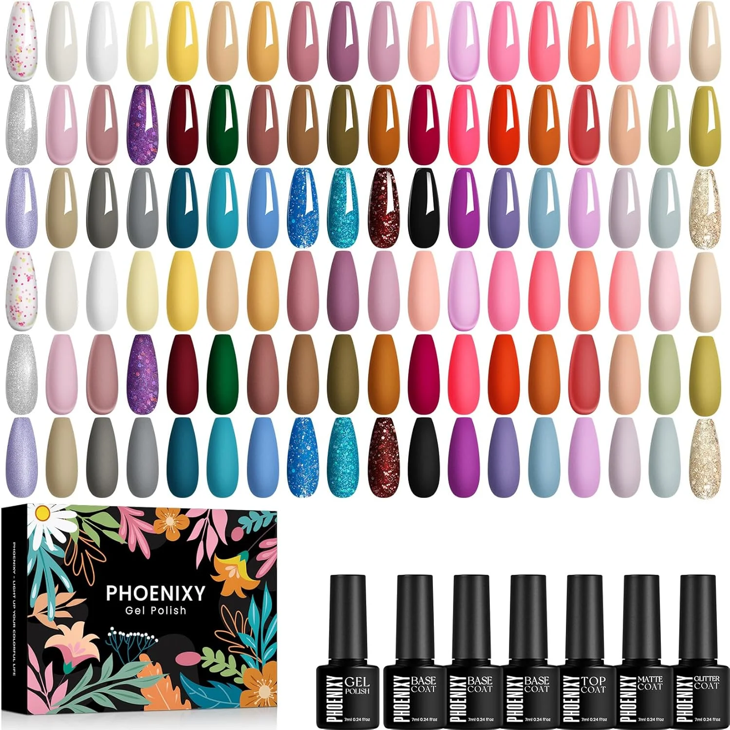 لاک ناخن یو وی Phoenixy، مجموعه 162 افکت و 54 رنگ لاک ژل یو وی به همراه بیس، تاپ، مات، و لاک اکلیلی، صورتی، قرمز، آبی، هدیه لاک ژل برای خانم ها