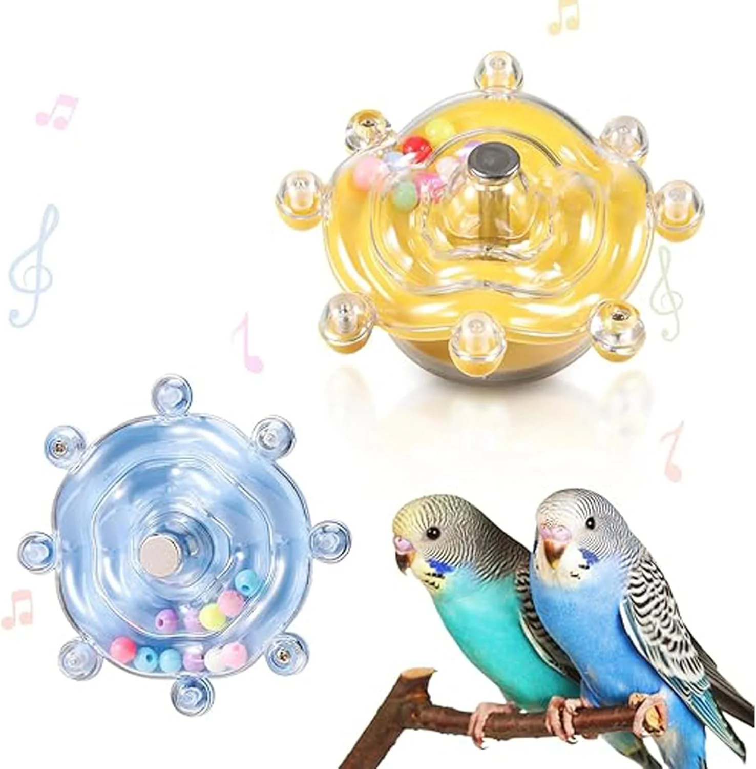 بسته 2 عددی اسباب بازی چوبی طبیعی طوطی با چرخ های چرخان - لوازم جانبی قفس پرنده تعاملی برای جویدن، ورزش و جستجوی غذا، جغجغه های رنگارنگ چرخان برای کانورها، عروس هلندی ها، مرغ عشق ها