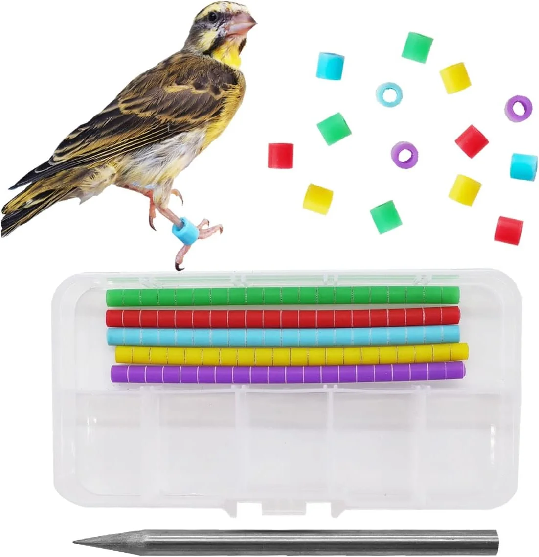 حلقه پا پرنده فویبوریلی، 100 عدد، مناسب فنچ، قناری و سایر پرندگان کوچک (قطر 3 میلی متر) به همراه 1 عدد نصب کننده