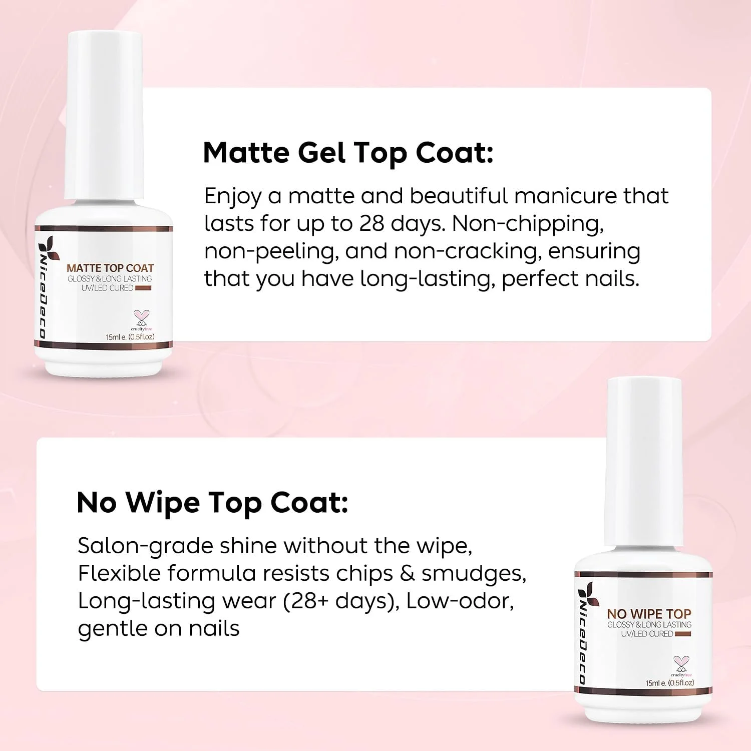 ست لاک ژل تاپ کت بدون نیاز به دستمال، مات و براق، بدون HEMA، بدون تست حیوانی، وگان، 2 عدد 15 میلی لیتر برای لاک ژل با پوشش براق و ماندگاری طولانی ست لاک ژل تاپ کت بدون نیاز به دستمال، مات و براق، بدون HEMA، بدون تست حیوانی، وگان، 2 عدد 15 میلی لیتر برای لاک ژل با پوشش براق و ماندگاری طولانی