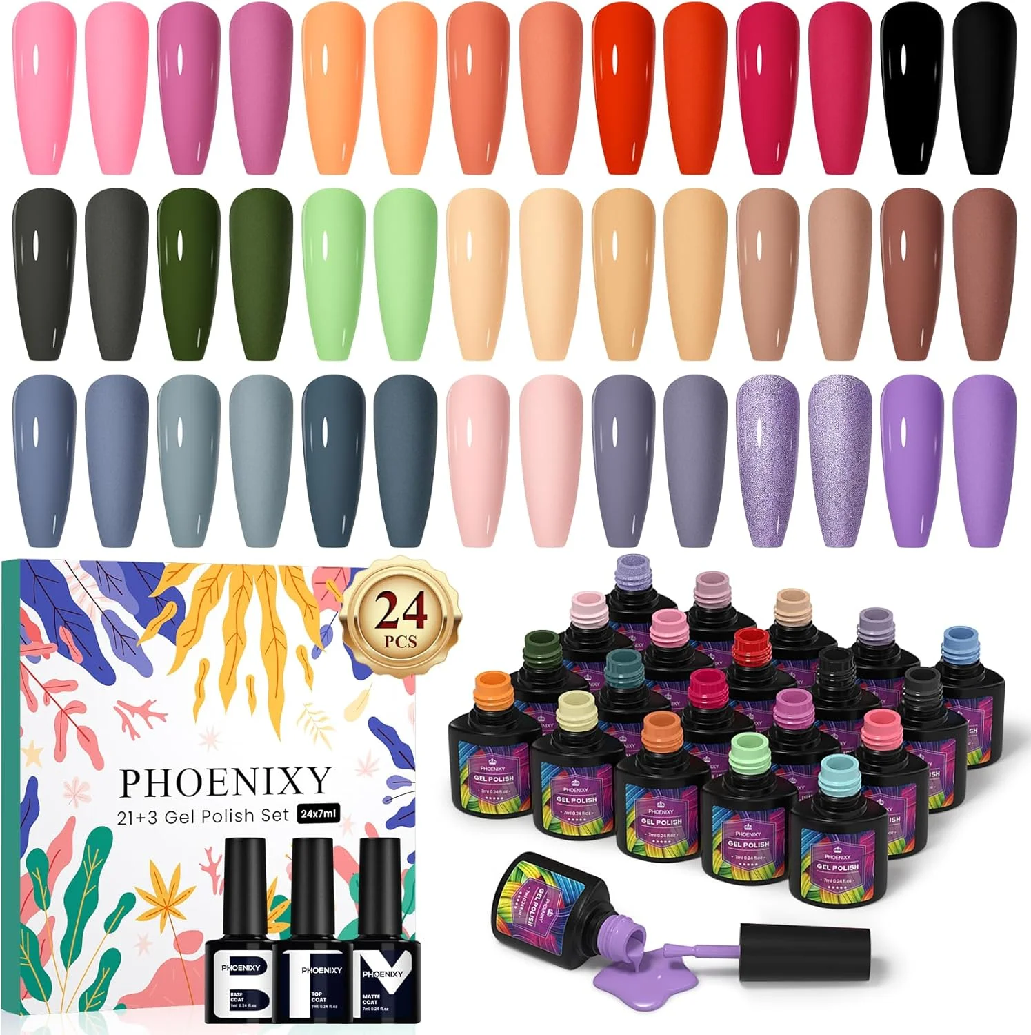 ست لاک ژل فونیکسی، 21 + 3 تکه لاک ژل UV خیسانده با روکش براق مات، هدیه طراحی سالن هنر ناخن برای زنان