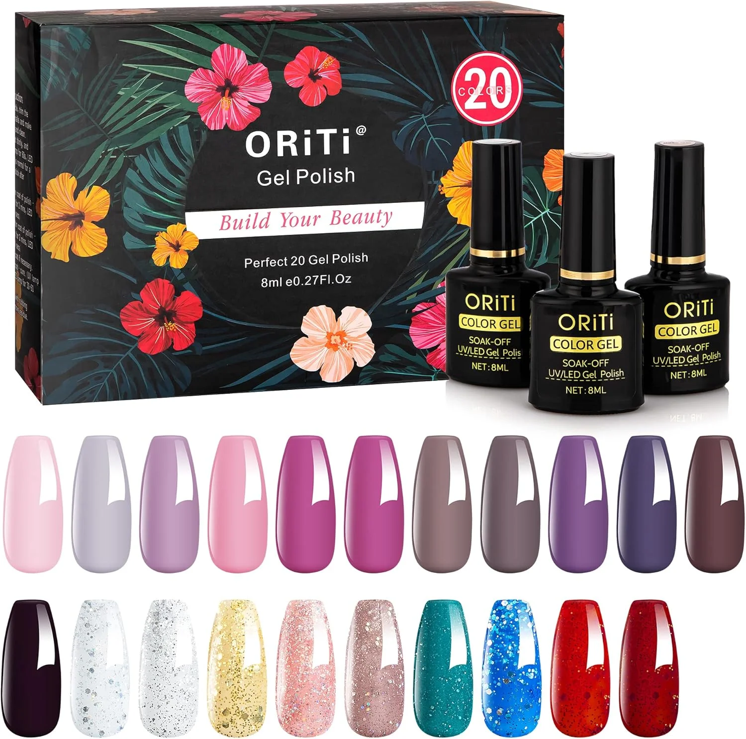 ست لاک ژل ORiTi، ۲۰ رنگ به همراه ۴ لاک دیگر، رنگ های صورتی، قهوه ای، خاکستری، مناسب برای انواع پوست، شامل لاک پایه و تاپ مات و براق، هدیه ای مناسب برای خانم ها و دختران (A2 LA-LA LAND)