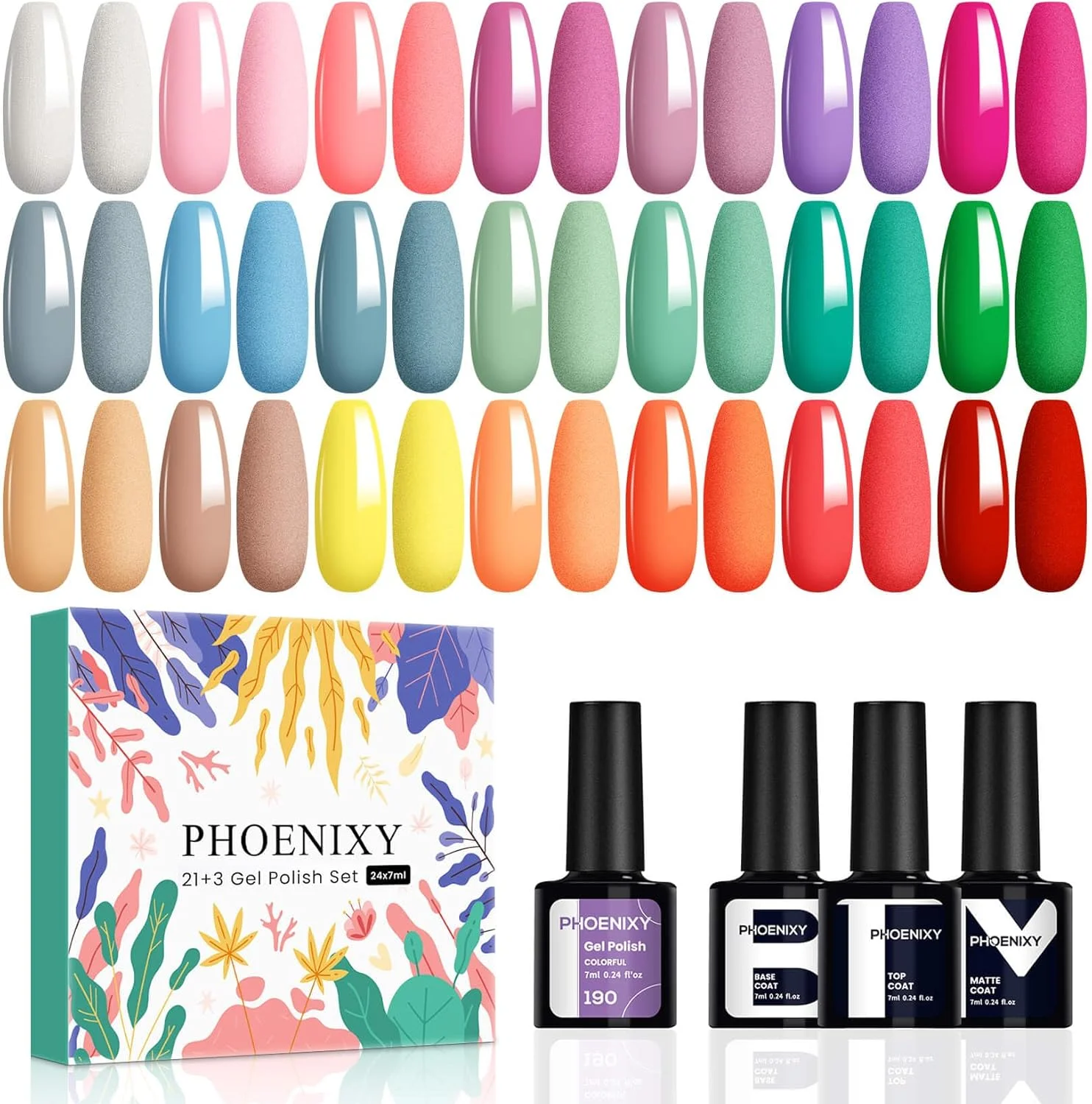 ست لاک ژل یو وی فونیکسی، 21 رنگ لاک ژل برای طراحی ناخن، همراه با بیس کت، تاپ کت و تاپ کت مات، ست هدیه