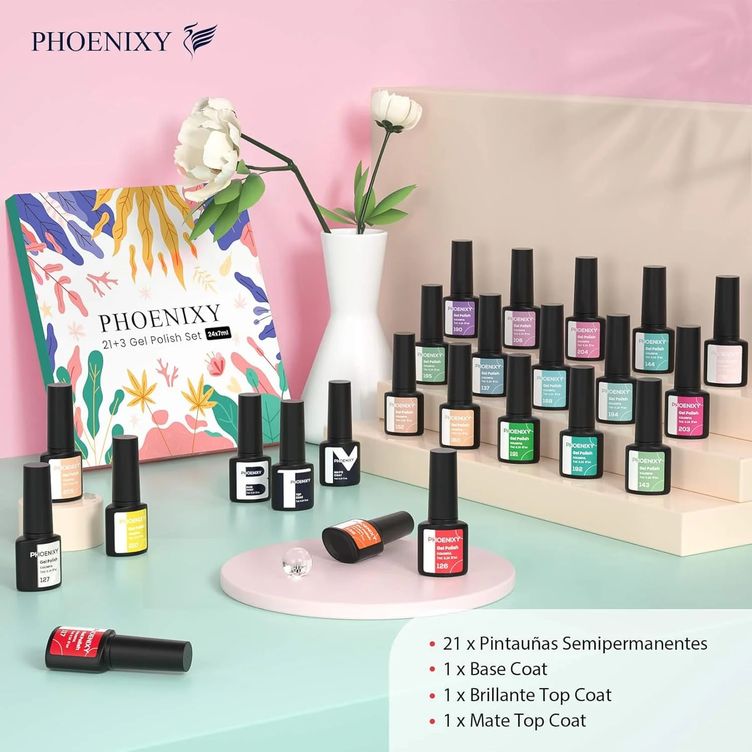 ست لاک ژل یو وی فونیکسی، 21 رنگ لاک ژل برای طراحی ناخن، همراه با بیس کت، تاپ کت و تاپ کت مات، ست هدیه