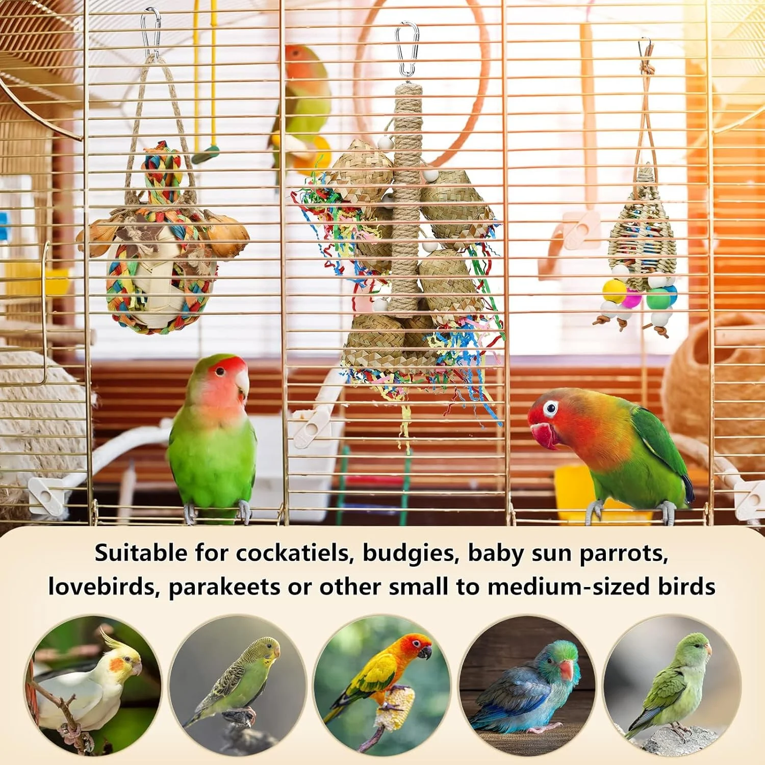 اسباب بازی های جویدنی طوطی Excefore شامل 3 عدد اسباب بازی حصیری با پوسته ذرت، اسباب بازی دست ساز بامبو با برگ نخل برای جستجوی غذا، تاب آویز خرد کننده پرنده کوچک برای طوطی برزیلی، عروس هلندی و مرغ عشق