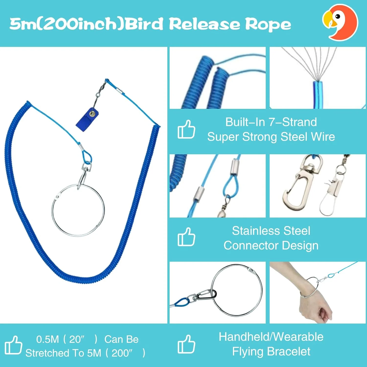 طناب آموزشی پرواز پرنده با طول 200 اینچ EWAN'S، مهار ضد گاز گرفتن پرنده با 6 حلقه نرم و قابل تنظیم برای پاها، مناسب برای طوطی ها، کانورها، ماکائو و کاکادو - طناب آموزش پرندگان پرواز در فضای باز