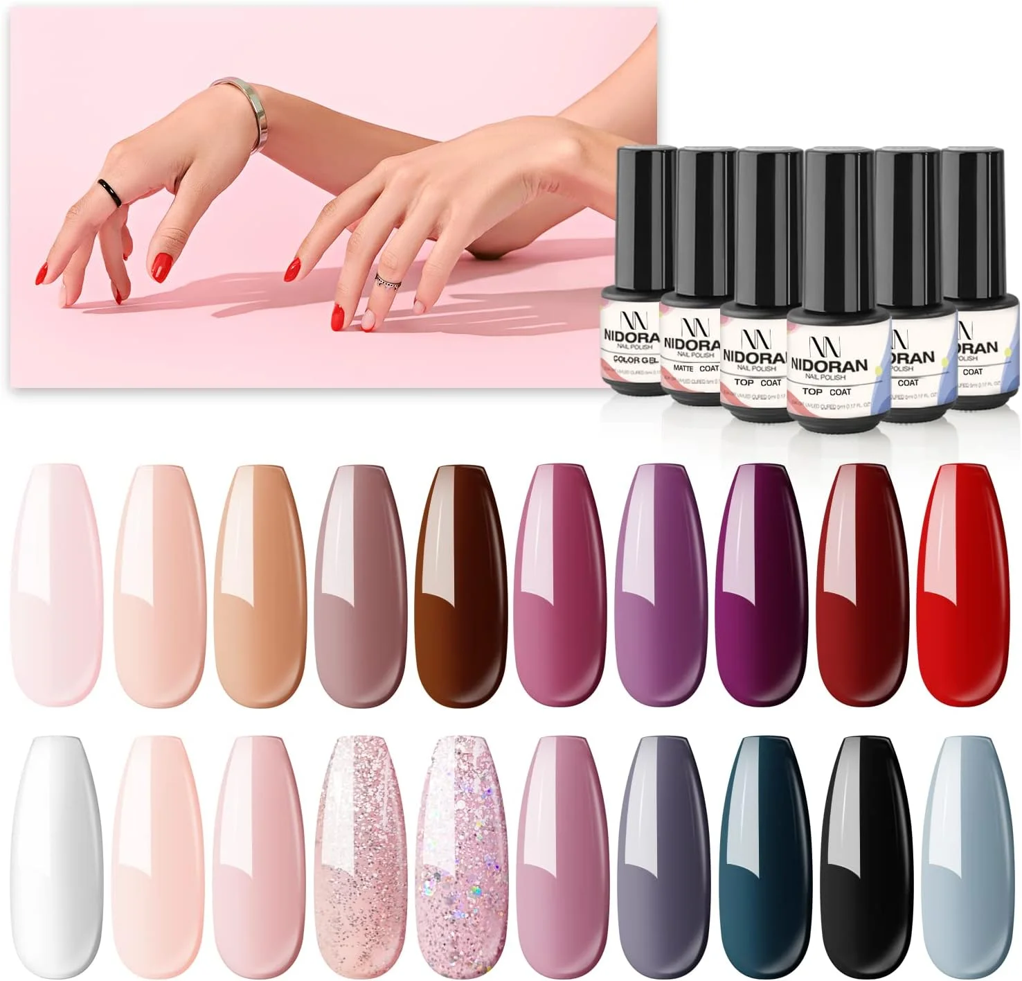 ست لاک ژل نیتاکو نیدوران، 20 رنگ، کیت لاک ژل مجموعه رنگ های نود با بیس و تاپ کت ژل، رنگ های لاک ژل LED/UV، 5 میلی لیتر، سفید صورتی قهوه ای