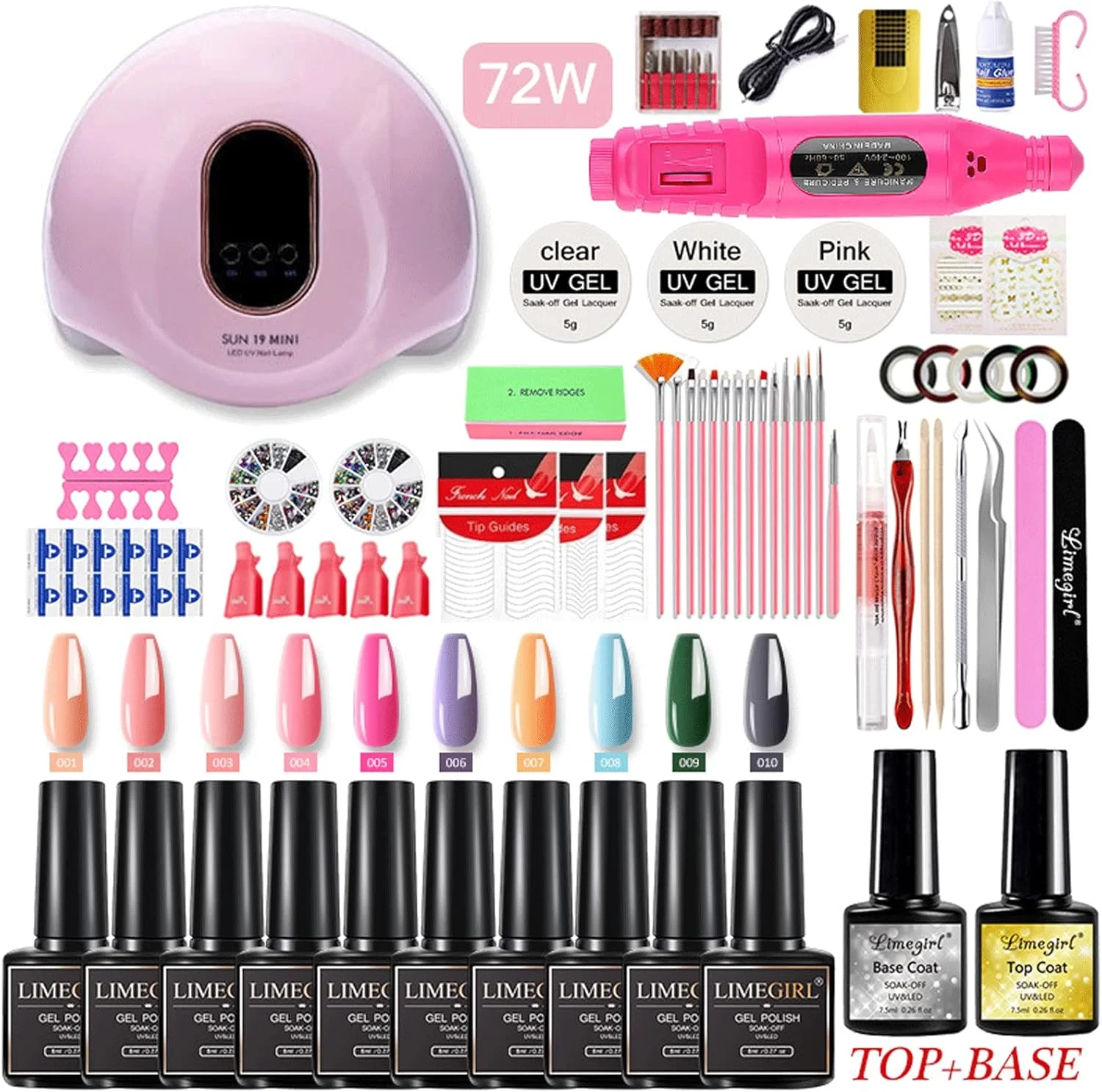 ست لاک ژل امیره با دستگاه یو وی، شامل ۸۰ رنگ لاک ژل اکلیلی، لاک ژل با دستگاه یو وی ۷۲ وات، بیس کت و تاپ کت، ریموور لاک ژل، نگین های تزئینی ناخن، ست مانیکور ژلی (صورتی)
