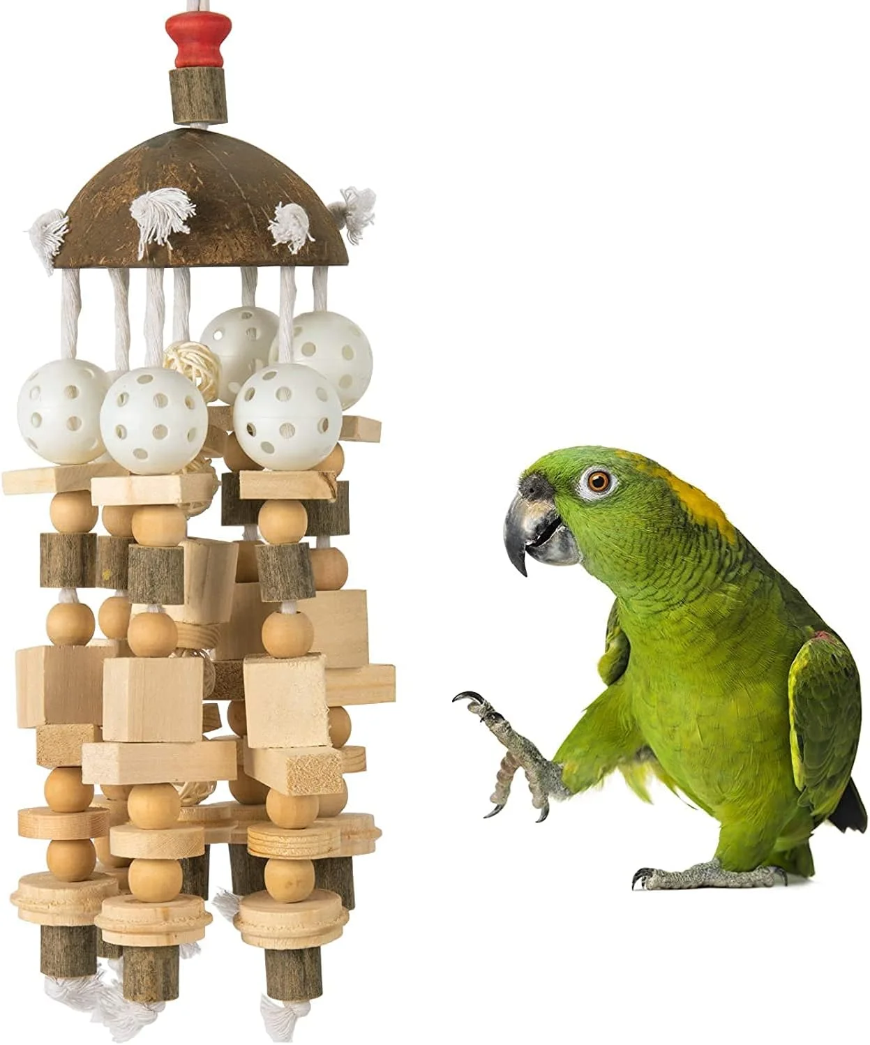 اسباب بازی بزرگ طوطی Drea - اسباب بازی های بلوک چوبی طبیعی 20 اینچی، اسباب بازی های جویدنی و گاز گرفتنی برای ماکائو، خاکستری آفریقایی، عروس هلندی، کانور و غیره