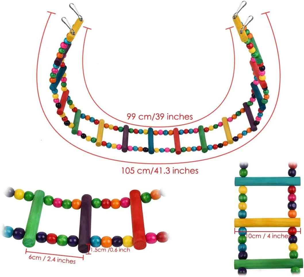 DS. اسباب بازی نردبان پرنده DISTINCTIVE STYLE، نردبان معلق قفس چوبی رنگی طوطی، پل تاب دار انعطاف پذیر (39 اینچ (16 پله))