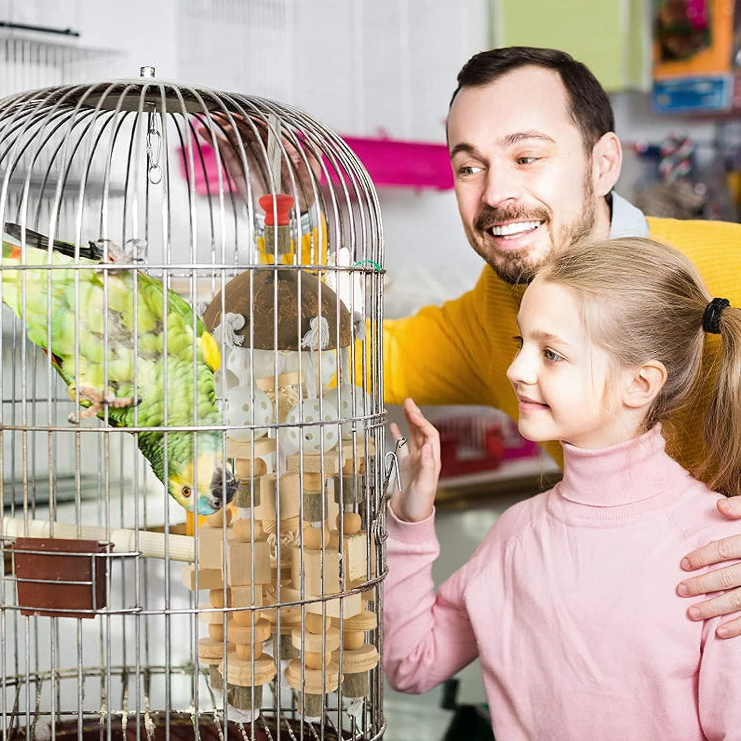 اسباب بازی بزرگ طوطی Drea - اسباب بازی های بلوک چوبی طبیعی 20 اینچی، اسباب بازی های جویدنی و گاز گرفتنی برای ماکائو، خاکستری آفریقایی، عروس هلندی، کانور و غیره