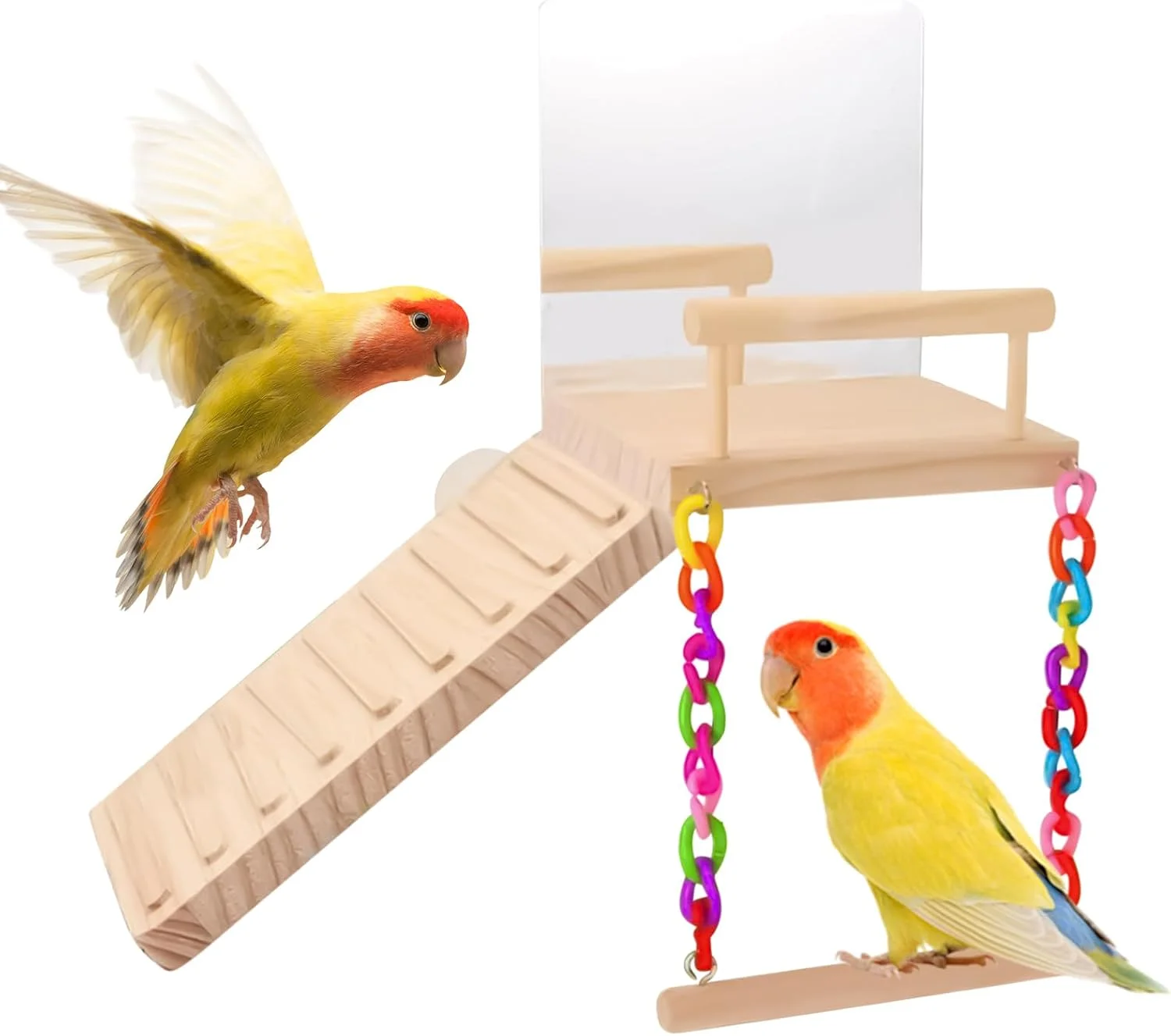 تاب پرنده - تاب چوبی پرنده با آینه - اسباب بازی جویدنی پرنده، لوازم جانبی قفس حیوانات خانگی برای مرغ عشق، طوطی، عروس هلندی، ماکائو، مرغ مینا، طوطی برزیلی و فنچ