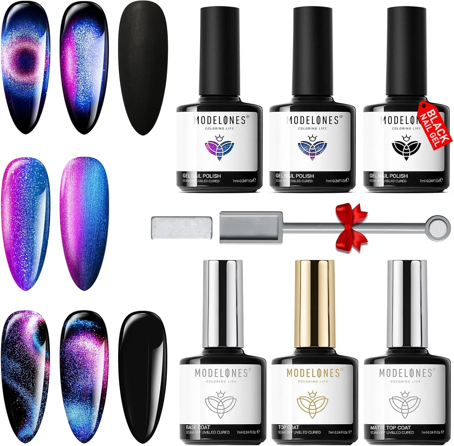 لاک ژل ناخن چشم گربه ای Modelones - ست 6 عددی شامل 3 رنگ مشکی، آبی، بنفش، اکلیلی و هولوگرافیک 9D به همراه بیس کت و تاپ کت مات و براق، قابل استفاده در دستگاه LED، مناسب طراحی ناخن، مانیکور، استفاده شخصی و سالن لاک ژل ناخن چشم گربه ای Modelones - ست 6 عددی شامل 3 رنگ مشکی، آبی، بنفش، اکلیلی و هولوگرافیک 9D به همراه بیس کت و تاپ کت مات و براق، قابل استفاده در دستگاه LED، مناسب طراحی ناخن، مانیکور، استفاده شخصی و سالن