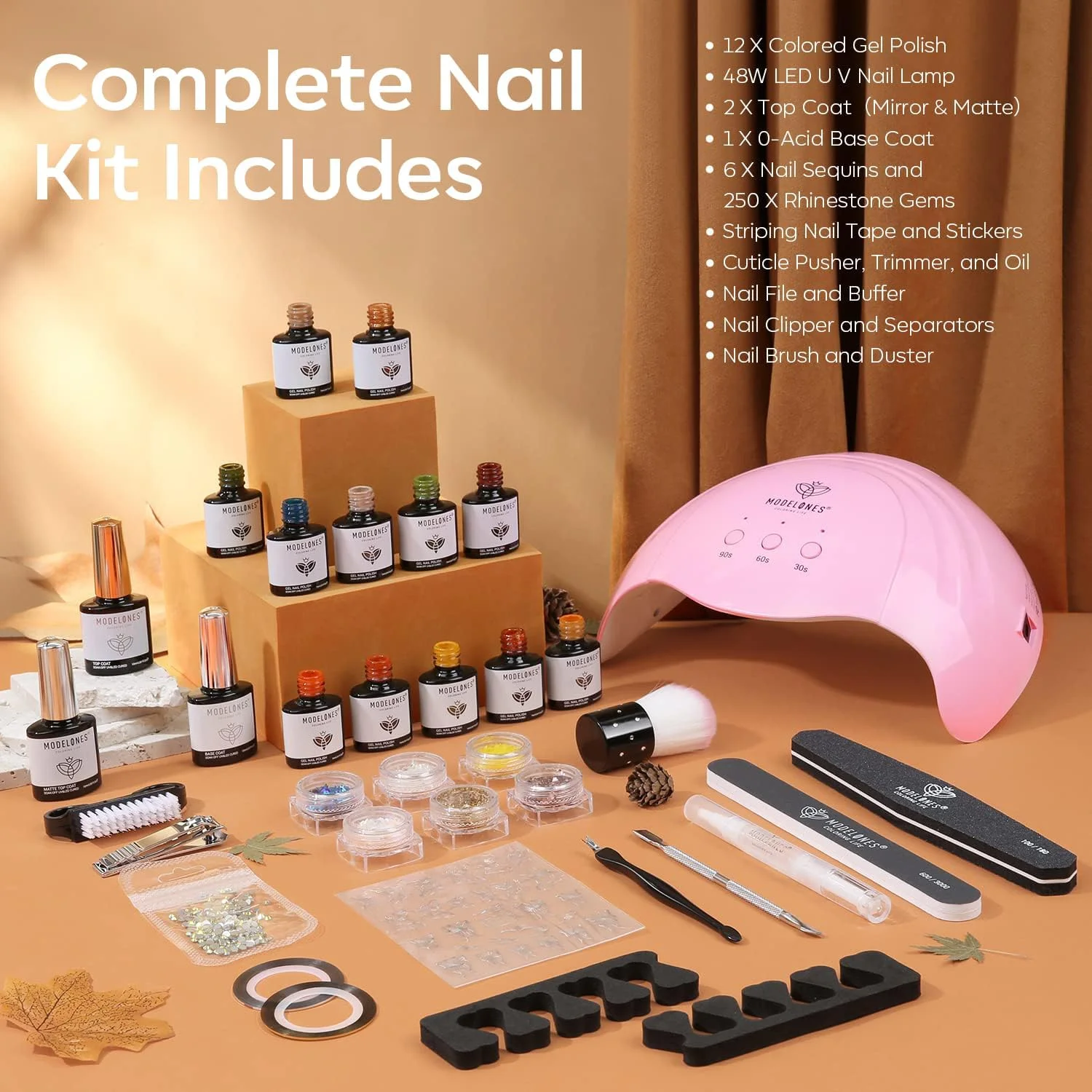 ست لاک ژل پاییزه 35 تکه Modelones با دستگاه خشک کن یو وی لایت 48 وات، ست مانیکور ژلی 12 رنگ نارنجی قهوه ای با بیس کت و تاپ کت، اکلیل ناخن، ابزار طراحی، مناسب برای استفاده در سالن و منزل به عنوان هدیه