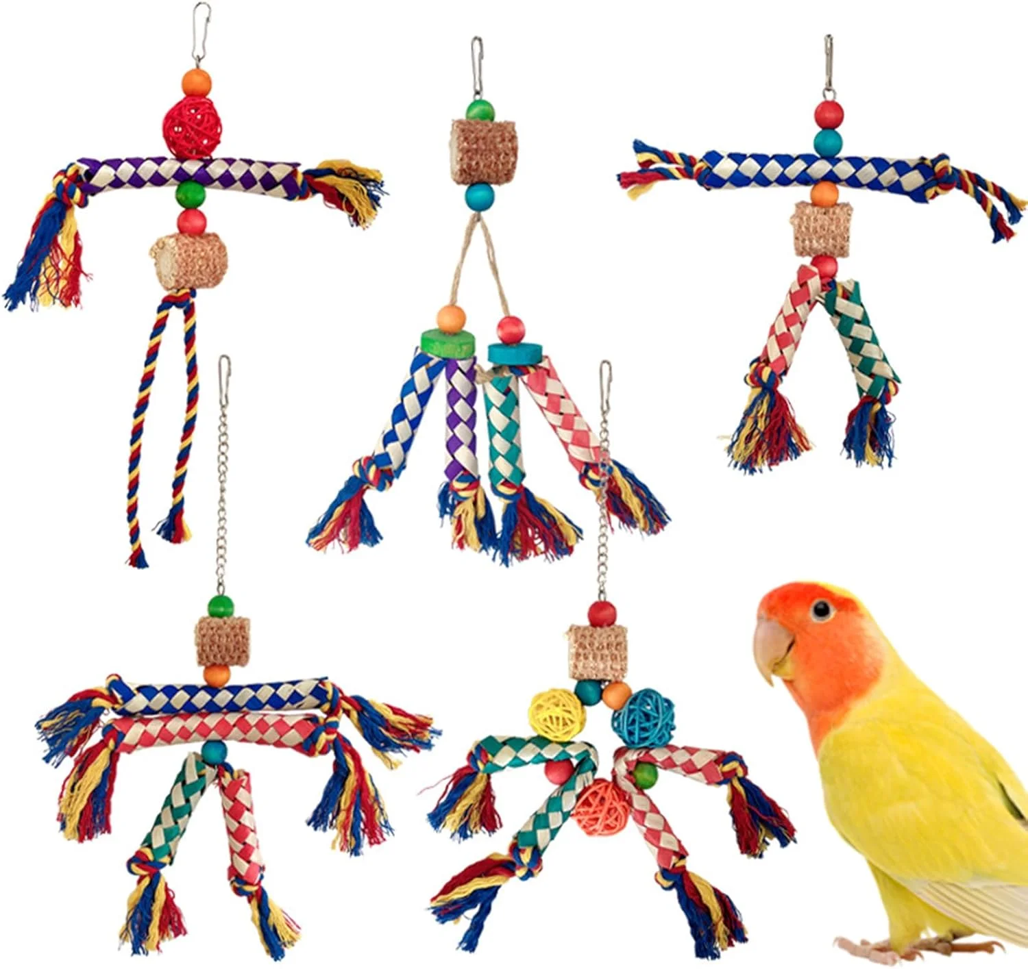 اسباب بازی طوطی برای پرندگان - طناب رنگارنگ جستجوی غذا برای عروس هلندی | طناب جویدنی نشیمنگاه قفس پرنده، بازی تعاملی برای کانورها، باجی، عروس هلندی و پریکیتو