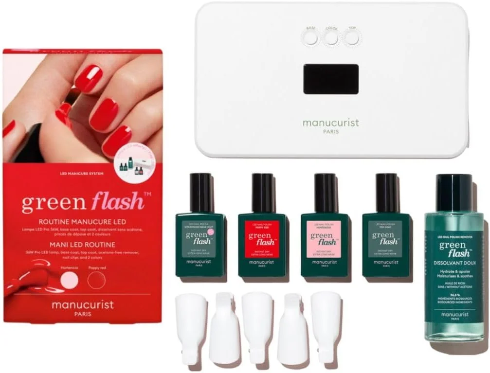 Manucurist - کیت لاک ژل باریک جدید گرین فلش - لامپ LED 36 واتی با بیس کت + تاپ کت + 2 رنگ: لاک قرمز خشخاشی و هورتنسیا صورتی کم رنگ + ریموور + گیره ناخن - هدیه کریسمس برای خانم ها