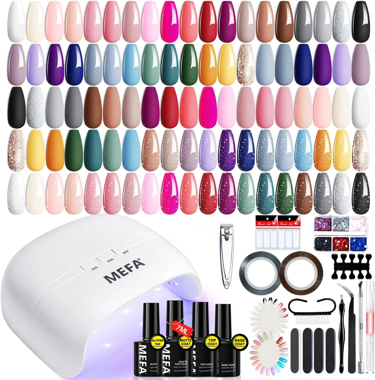 ست لاک ژل ۵۶ عددی MEFA با دستگاه خشک کن ناخن UV با توان ۴۸ وات، ست لاک ژل ۳۲ رنگ صورتی کالباسی و طوسی با لاک پایه و تاپ کت مات/براق، لوازم تزیین ناخن، ابزار مانیکور، مناسب استفاده شخصی و سالن