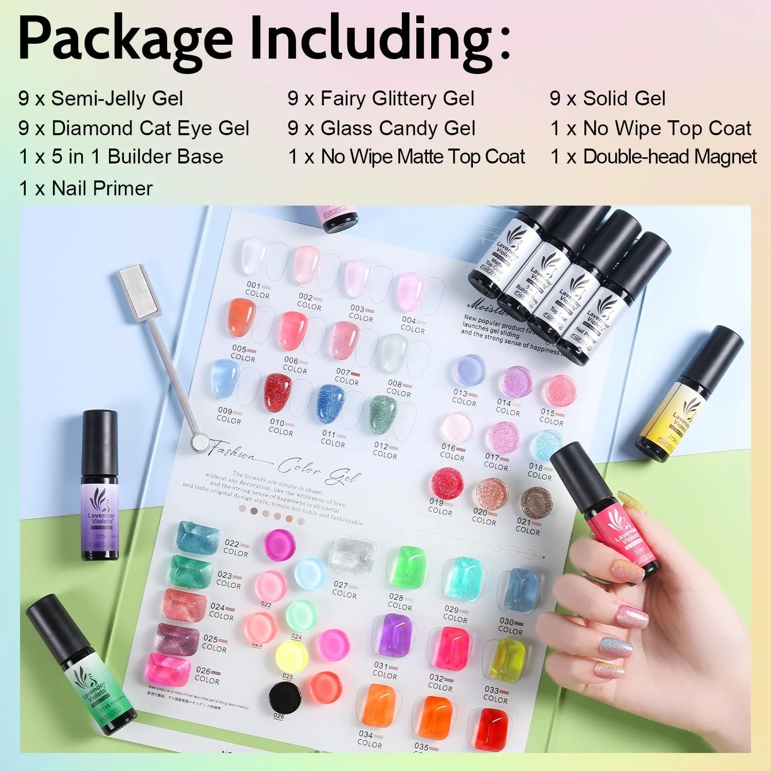 مجموعه لاک ژل چشم گربه ای 49 عددی Lavender Violets، لاک ژل جامد/اکلیلی/صورتی کالباسی ژله ای/کیت لاک ژل مغناطیسی هولوگرافیک 9 بعدی به همراه پرایمر ناخن، بیس، تاپ کت براق و مات A901 مجموعه لاک ژل چشم گربه ای 49 عددی Lavender Violets، لاک ژل جامد/اکلیلی/صورتی کالباسی ژله ای/کیت لاک ژل مغناطیسی هولوگرافیک 9 بعدی به همراه پرایمر ناخن، بیس، تاپ کت براق و مات A901