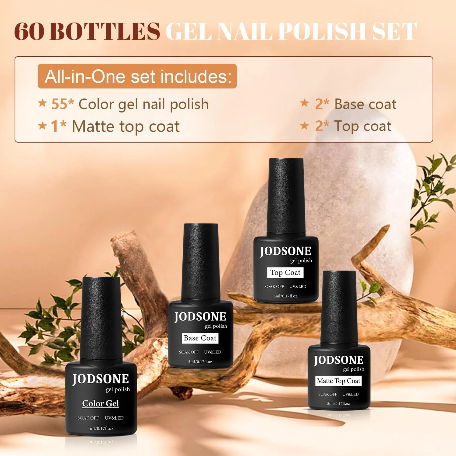 ست لاک ژل 60 عددی JODSONE، شامل 55 رنگ ترکیبی روشن و تیره، سبز زمردی، آبی کلاین، بیس کت بدون نیاز به پاک کردن، تاپ کت مات و براق