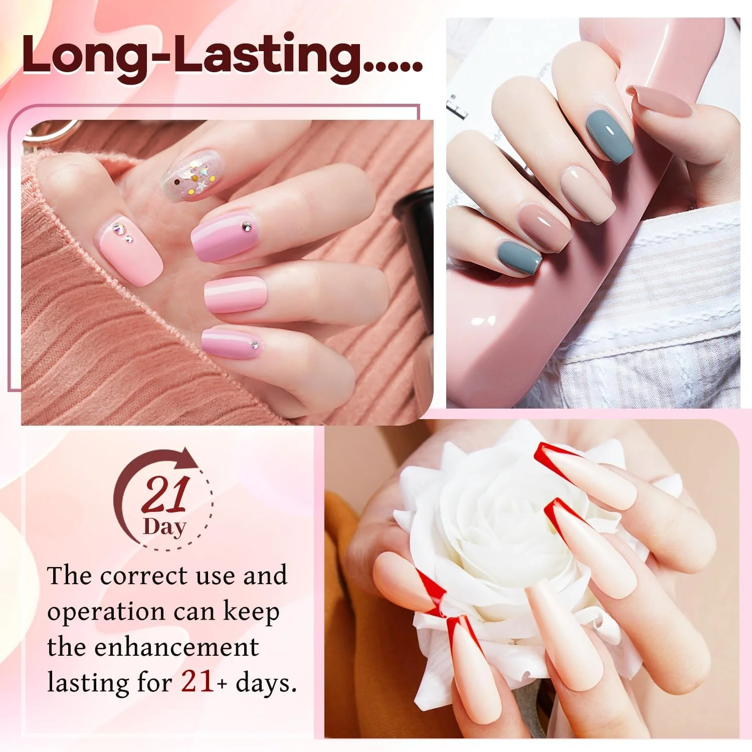 ست لاک ژل جادسون شامل ۱۰۰ بطری لاک ژل با دستگاه یو وی ال ای دی، ۹۵ رنگ متنوع براق و اکلیلی، سبز نعنایی، صورتی روشن، بیس کت لاک ژل، تاپ کت براق و مات