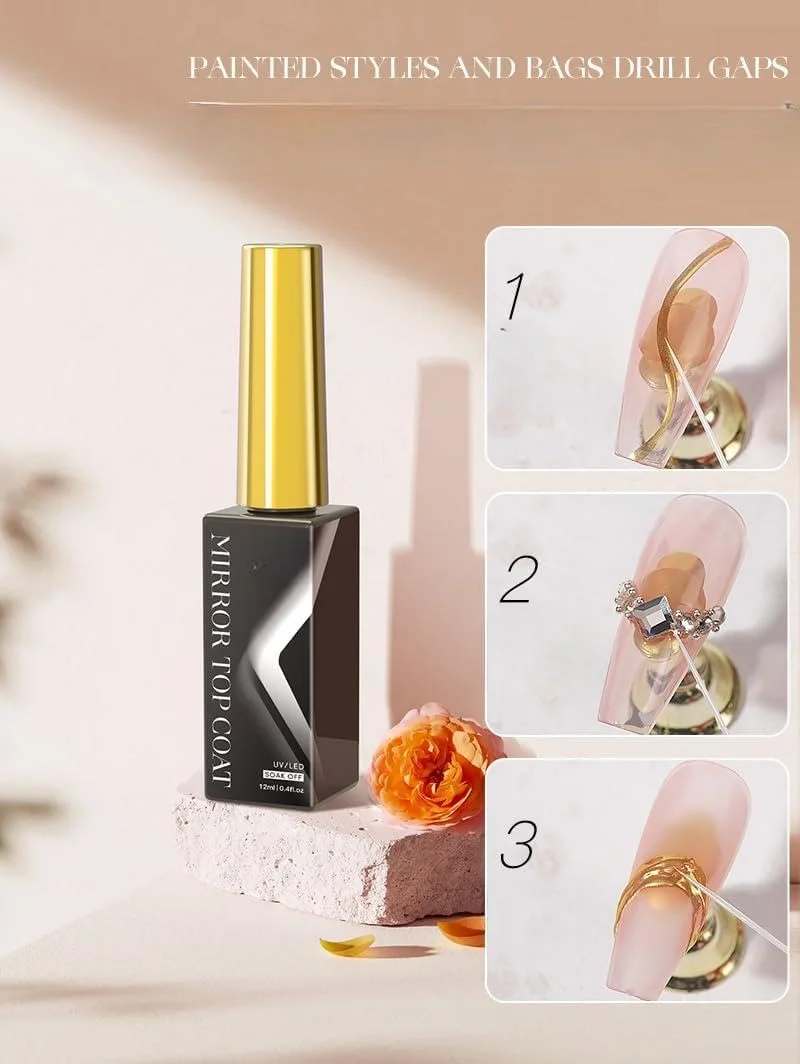 تاپ کت بدون نیاز به پاک کردن برای لاک ژل متالیک، روکش مات و آینه ای، نیاز به لامپ LED برای خشک شدن سریع، محافظت بادوام و قوی از ناخن، مناسب برای استفاده در خانه و سالن (مشکی)