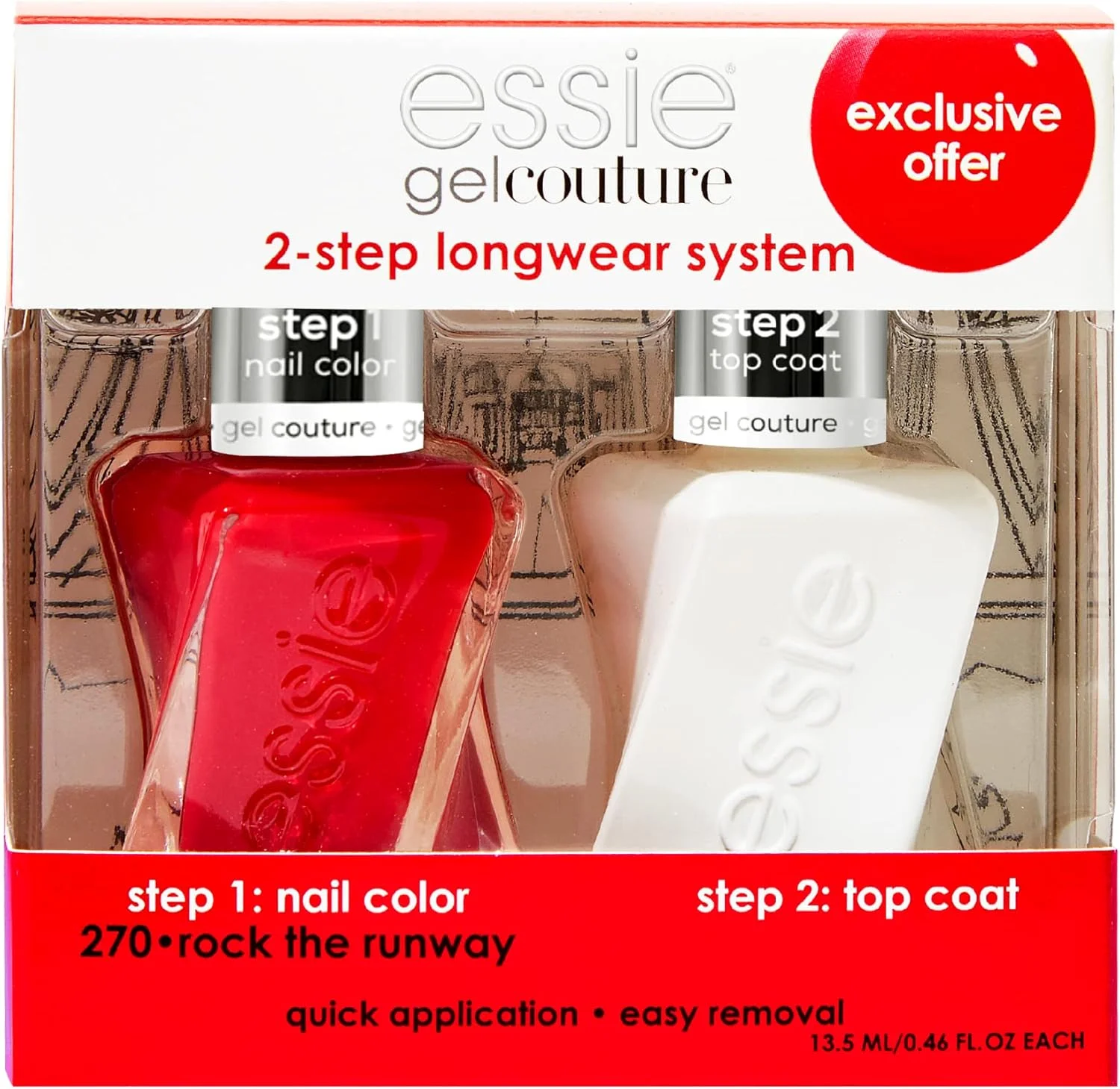 لاک ناخن ژلی بادوام Essie Couture + کیت تاپ کت، لاک ناخن قرمز اسکارلت، Rock The Runway + تاپ کت، هدیه برای زنان و مردان، 13.5 میلی لیتر