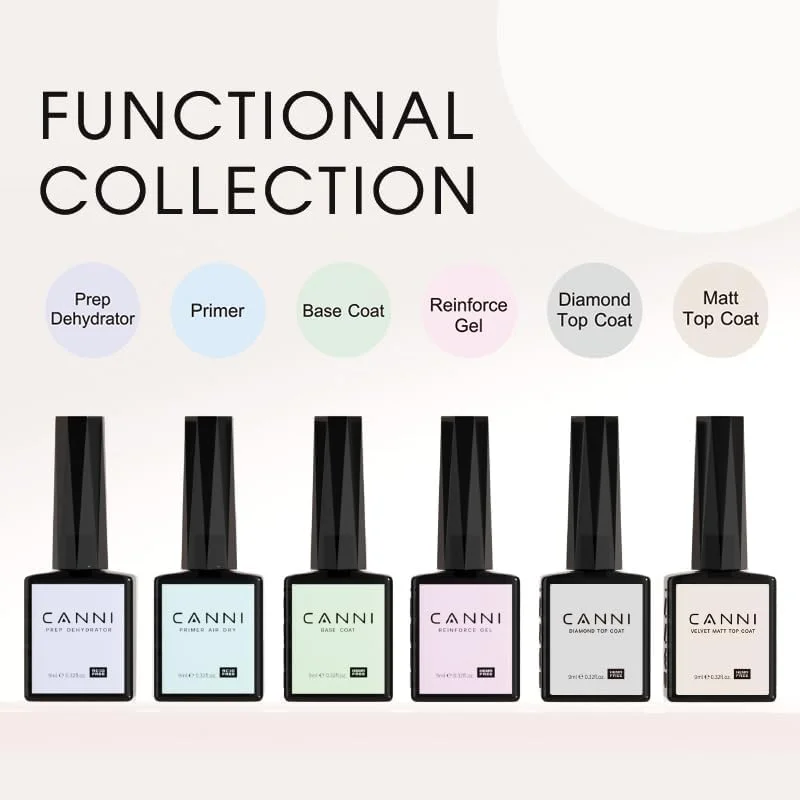 ست لاک ژل 6 عددی CANNI، شامل پرایمر دهیدراتور ناخن 9 میلی لیتری بدون Hema، بیس کت تقویت کننده، تاپ کت ژل الماس، تاپ کت مات و لاک ژل LED، مناسب برای شروع طراحی ناخن و مانیکور سالنی