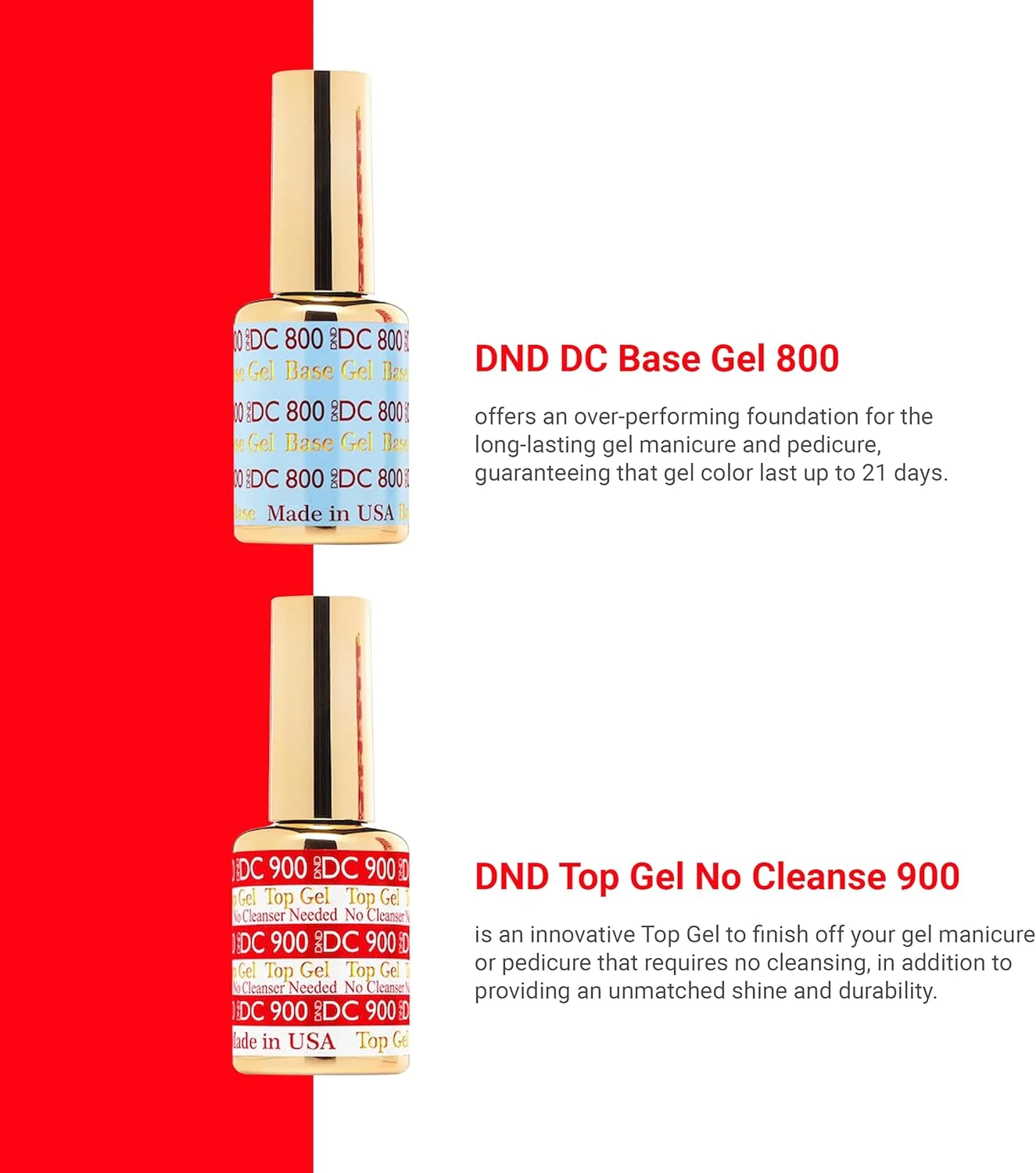 ست ژل بیس و تاپ کت بدون نیاز به تمیز کردن DND DC، ژل بیس لاک 800 و تاپ کت بدون نیاز به تمیز کردن 900، دوتایی لاک ژل حرفه ای سالنی، 15 میلی لیتر