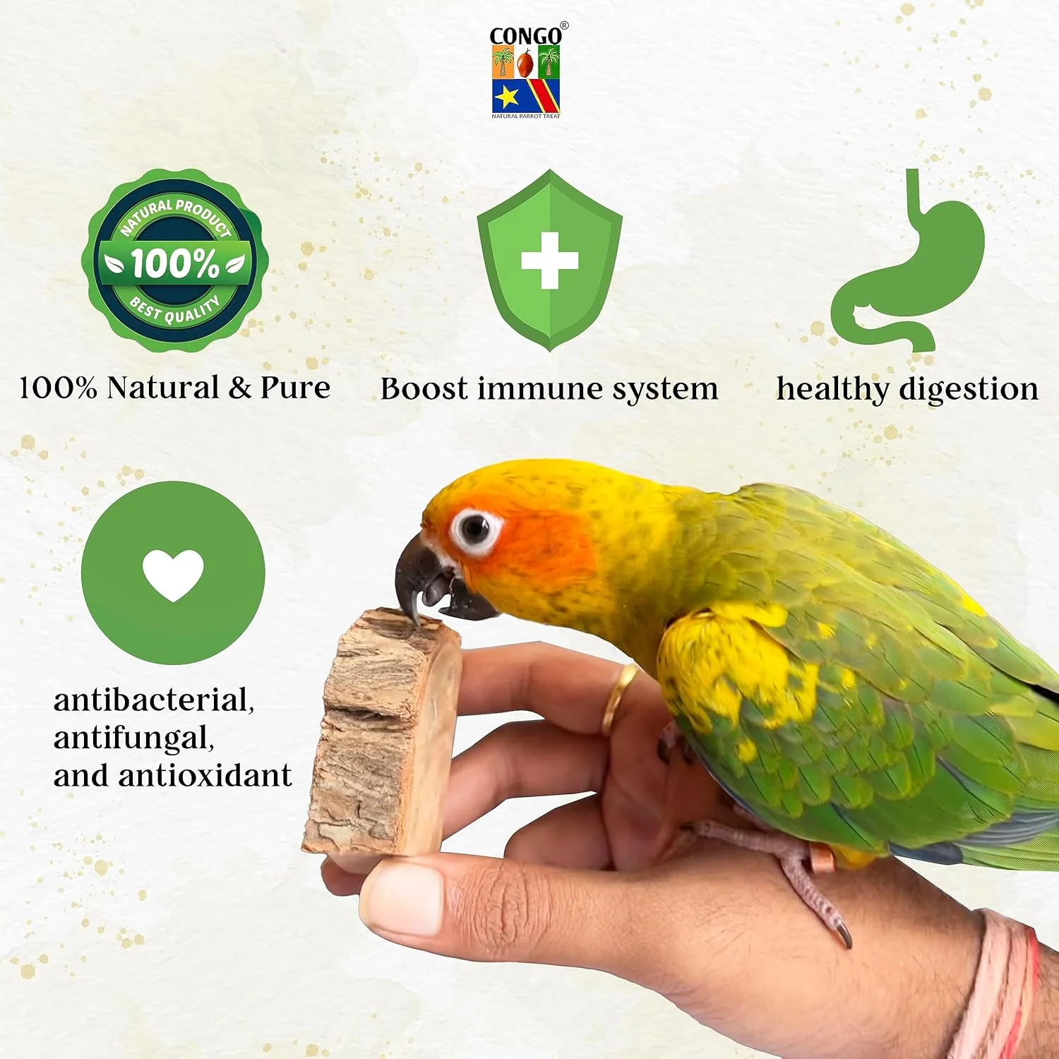 اسباب بازی چوبی جویدنی ضروری ممتاز CONGO NATURAL PARROT TREAT برای انواع پرندگان (بسته 8 عددی)