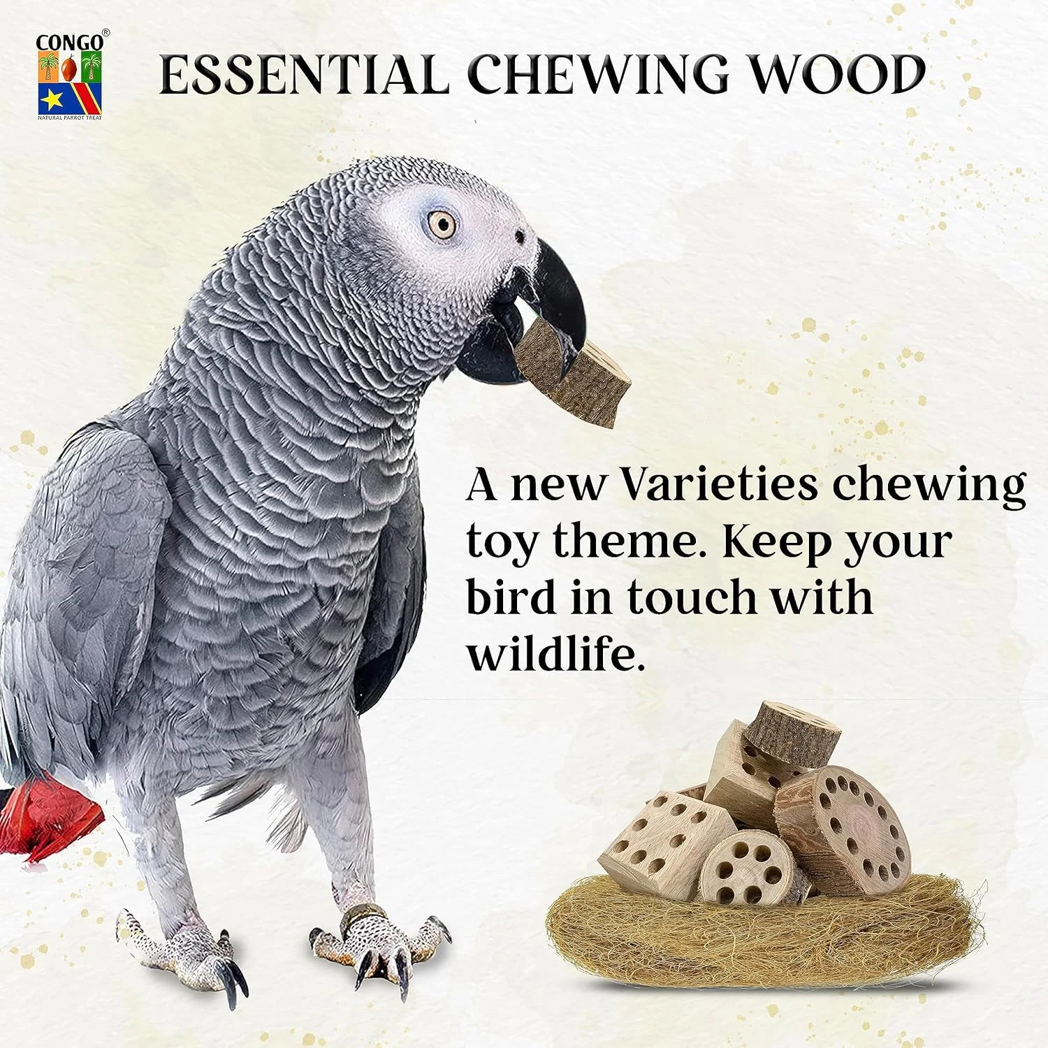 اسباب بازی چوبی جویدنی ضروری ممتاز CONGO NATURAL PARROT TREAT برای انواع پرندگان (بسته 8 عددی)