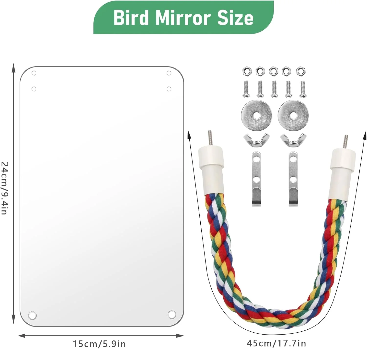 آینه پرنده Coolrunner با ابعاد 9.4 اینچ، آینه قفس پرنده مناسب برای قفس مرغ عشق، طوطی های کوتوله، قناری ها، آینه طوطی با طناب (بزرگ)