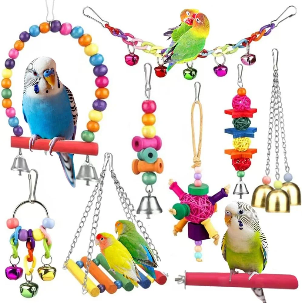 مجموعه اسباب بازی پرندگان، لوازم جانبی قفس پرندگان رنگارنگ با تاب، اسباب بازی های جویدنی، نردبان، تخت آویز و آینه برای طوطی ها، مرغ عشق ها، عروس هلندی ها، کانورها، مرغ های عشق، فنچ ها، پاراکیت ها و ماکائوها (9 تکه، پرندگان-A) مجموعه اسباب بازی پرندگان، لوازم جانبی قفس پرندگان رنگارنگ با تاب، اسباب بازی های جویدنی، نردبان، تخت آویز و آینه برای طوطی ها، مرغ عشق ها، عروس هلندی ها، کانورها، مرغ های عشق، فنچ ها، پاراکیت ها و ماکائوها (9 تکه، پرندگان-A)