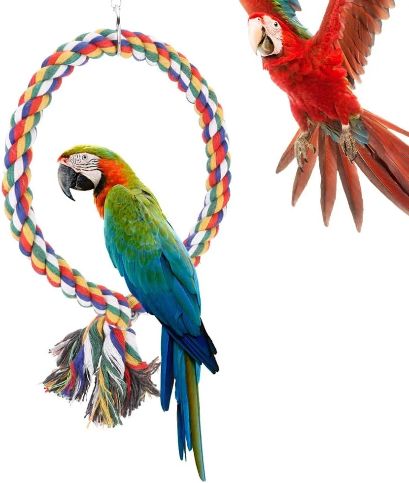 حلقه طنابی رنگارنگ پنبه ای برای پرنده، اسباب بازی حلقه ای صعودی، تاب بازی و ایستادن پرنده خانگی حلقه طنابی رنگارنگ پنبه ای برای پرنده، اسباب بازی حلقه ای صعودی، تاب بازی و ایستادن پرنده خانگی