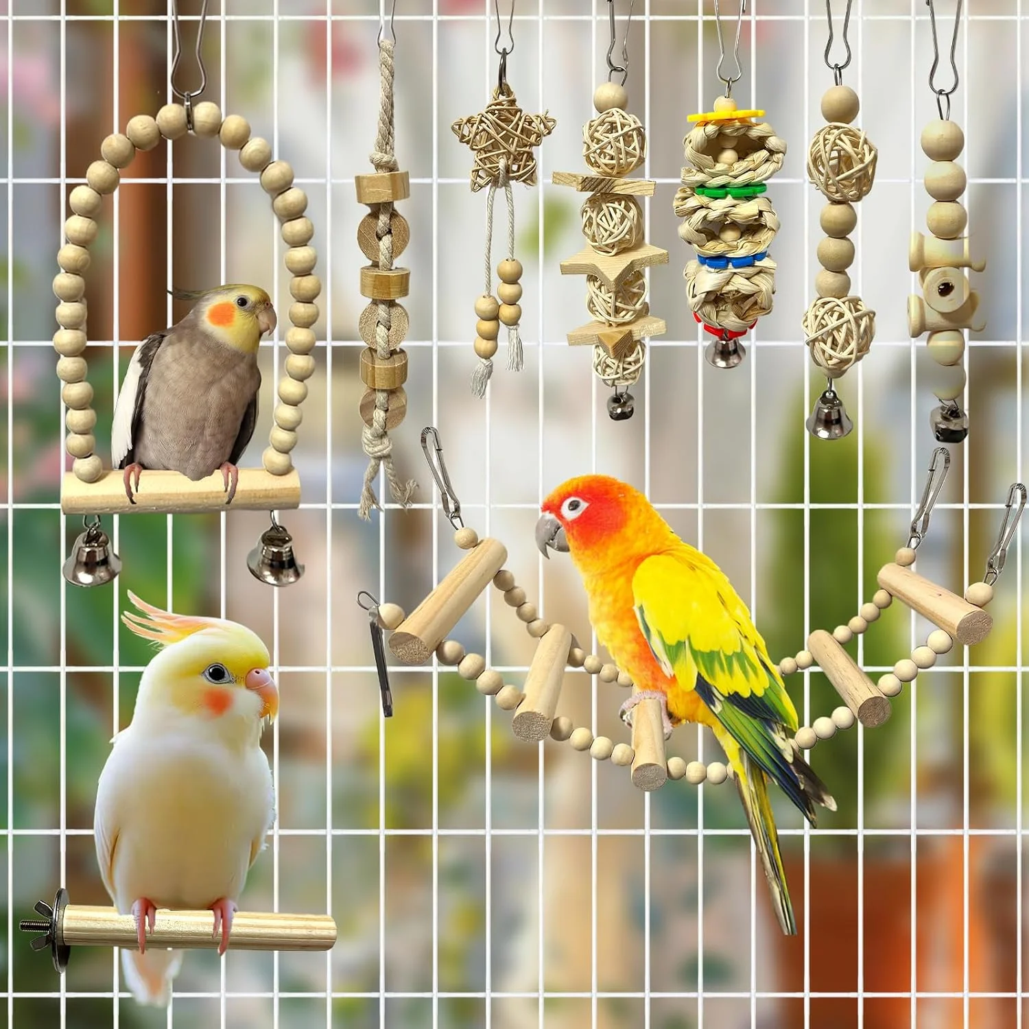 اسباب بازی های تاب پرنده، بسته 9 عددی اسباب بازی های جویدنی آویزان طوطی، نردبان های صعودی تاب، اسباب بازی های قفس پرندگان چوبی برای عروس هلندی، کانور، طوطی های کوچک، ماکائو، پاراکیت، فنچ، مرغ عشق، پرندگان عشق