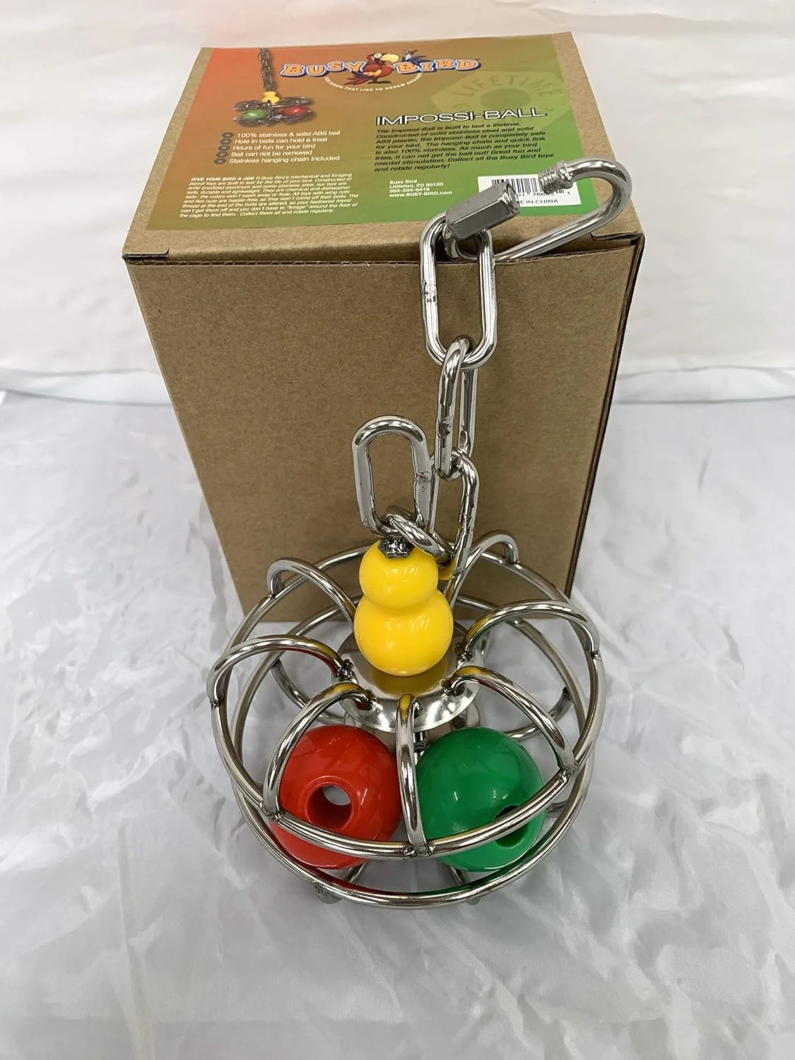 Busy Bird | اسباب بازی غذایابی Impossi-Ball پرندگان با زنجیر آویز، اتصال سریع و محفظه های خوراکی - 100% فلزی، معمای مغزی نهایی و بازی فکری برای پرندگان متوسط تا خیلی بزرگ Busy Bird | اسباب بازی غذایابی Impossi-Ball پرندگان با زنجیر آویز، اتصال سریع و محفظه های خوراکی - 100% فلزی، معمای مغزی نهایی و بازی فکری برای پرندگان متوسط تا خیلی بزرگ